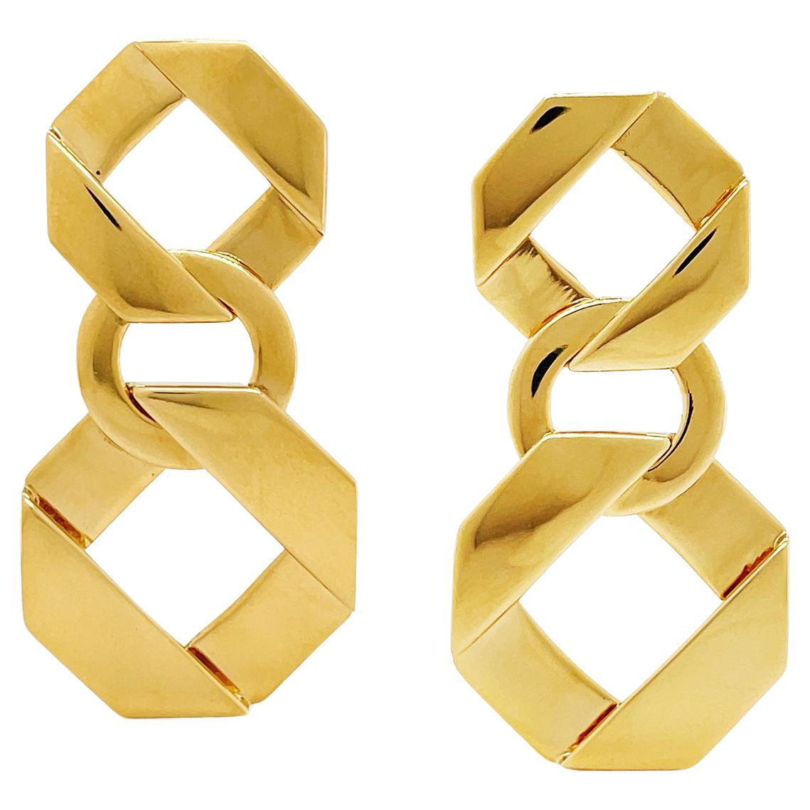 18K Yellow Gold Double Link Fold Over Earrings For Sale