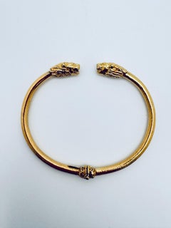 18K Yellow Gold Double Lion Head Bangle Bracelet