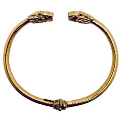 18K Yellow Gold Double Lion Head Bangle Bracelet