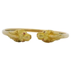 18K Yellow Gold Double Lion Head & Ruby Eye Bangle Cuff Bracelet In Stock