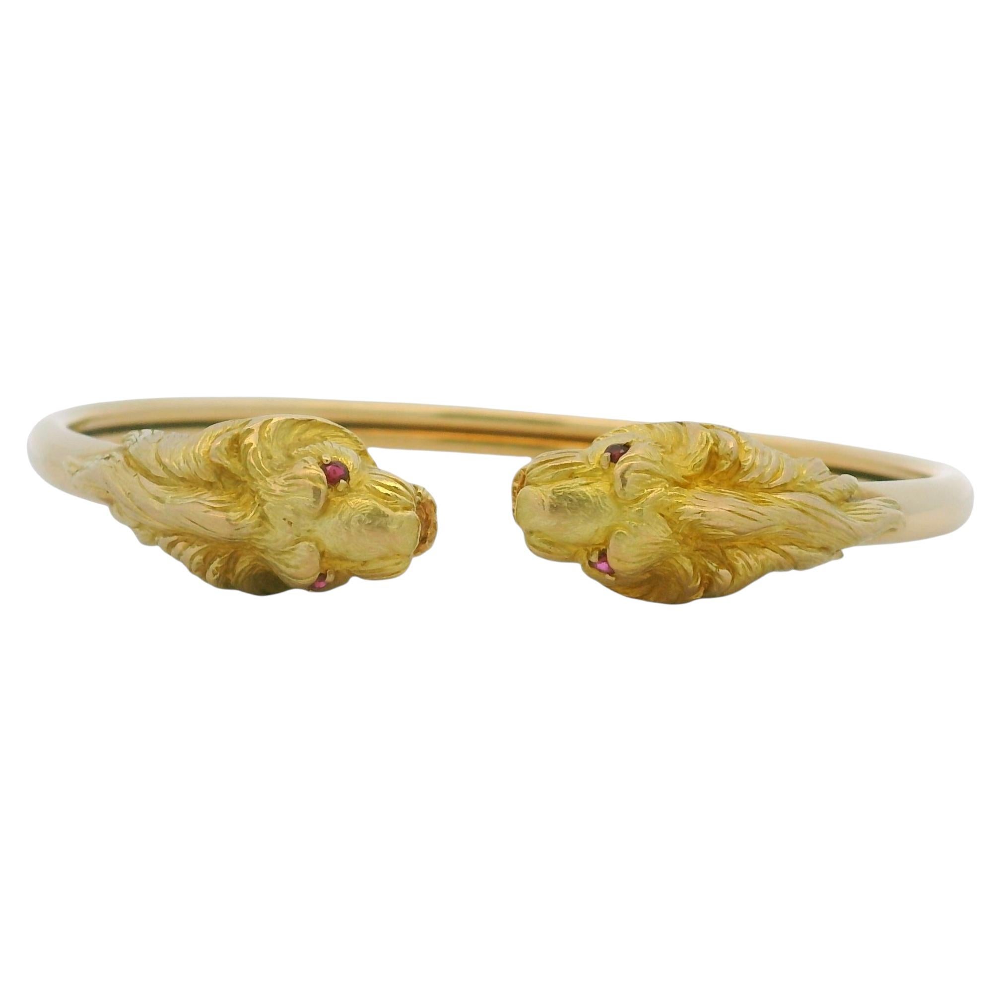 18K Yellow Gold Double Lion Head & Ruby Eye Bangle Cuff Bracelet In Stock For Sale