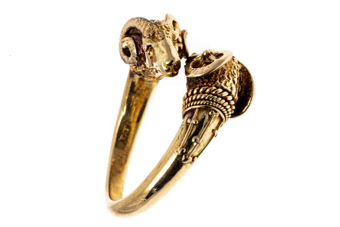 Computer Ram Ring 18K Yellow Gold Double Ram Head Bypass Ring, Size 6.5 For Sale at 1stDibs