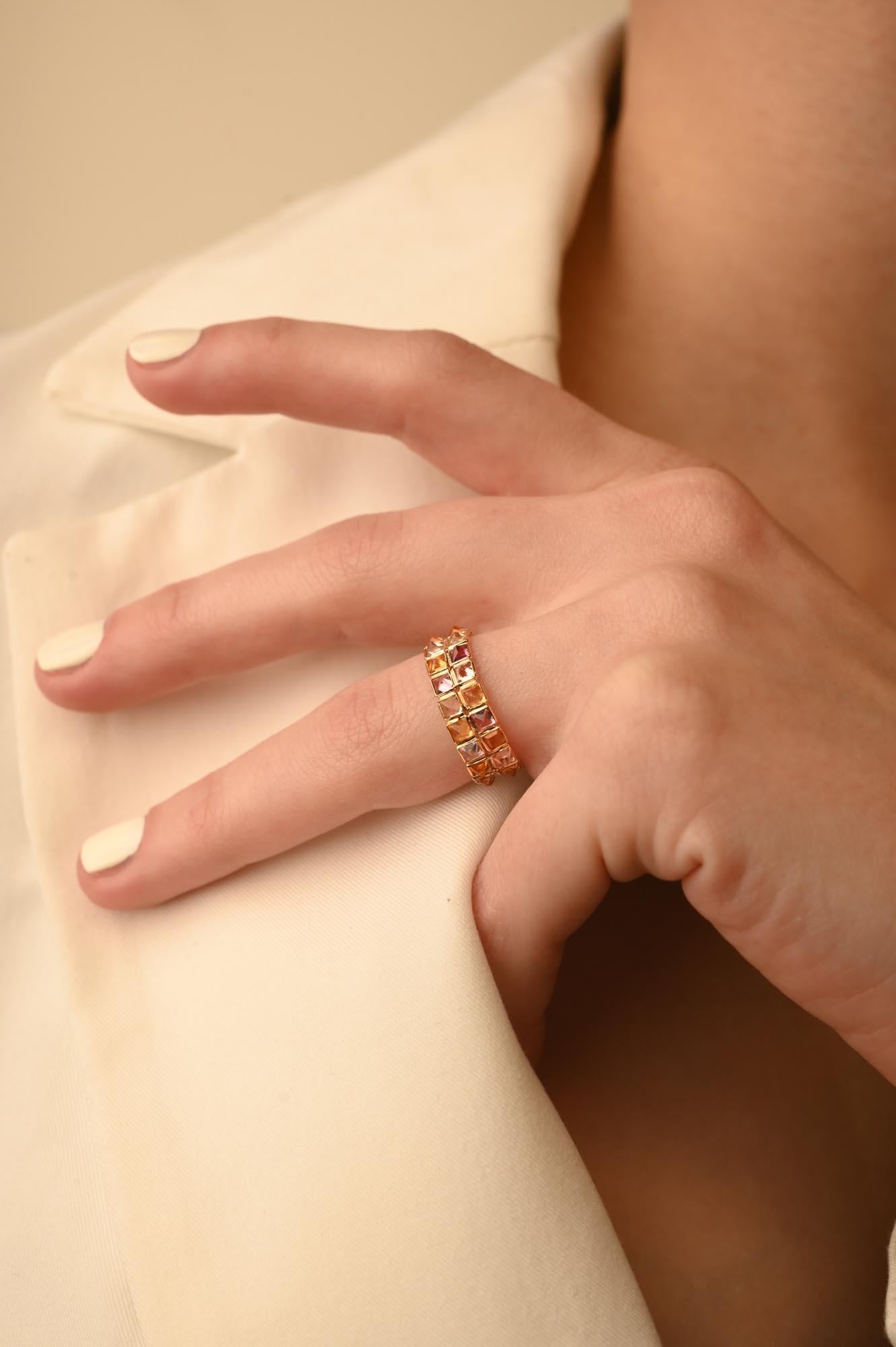 For Sale:  18k Yellow Gold Double Row Cushion Cut Multi Sapphire Eternity Band Ring 2