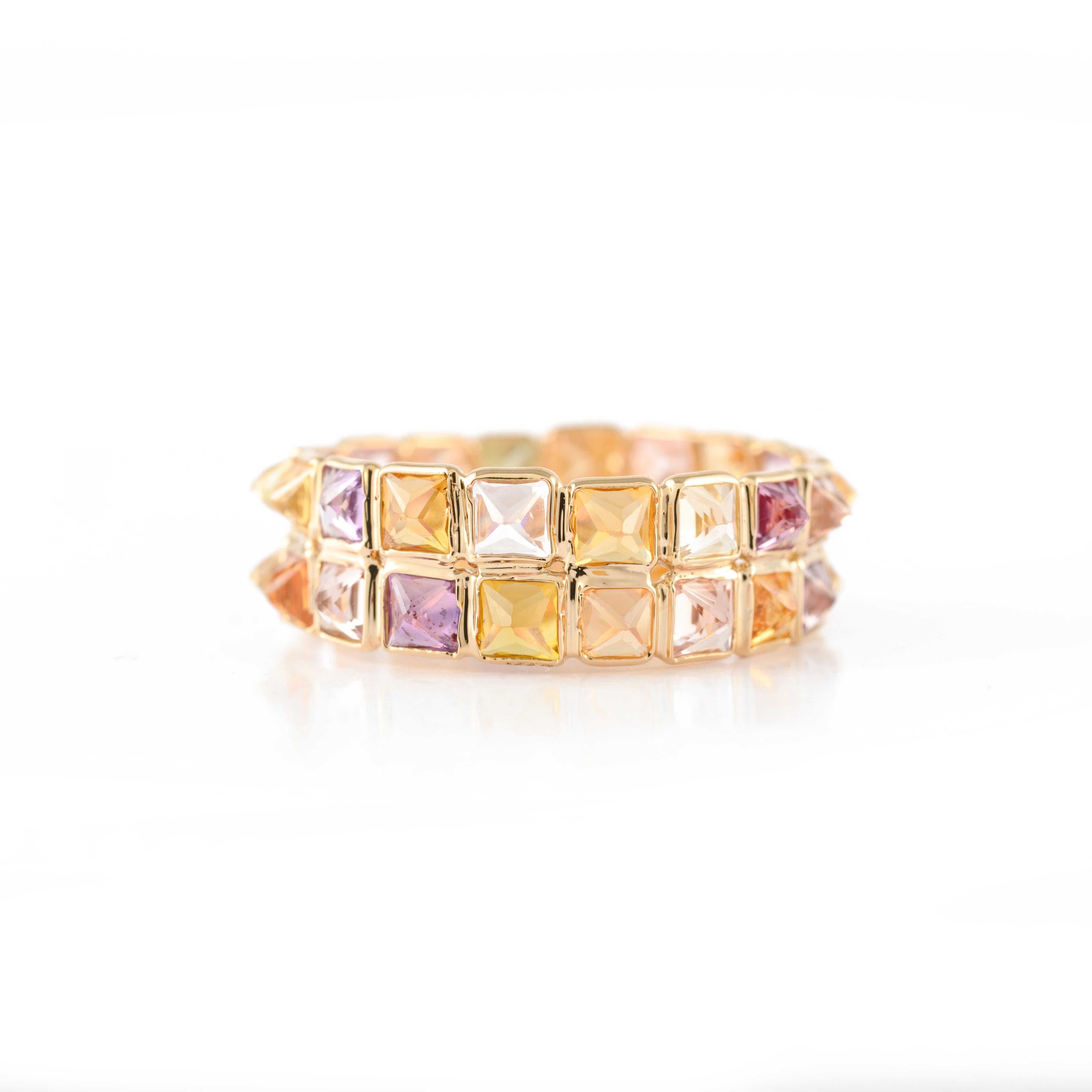 For Sale:  18k Yellow Gold Double Row Cushion Cut Multi Sapphire Eternity Band Ring 4