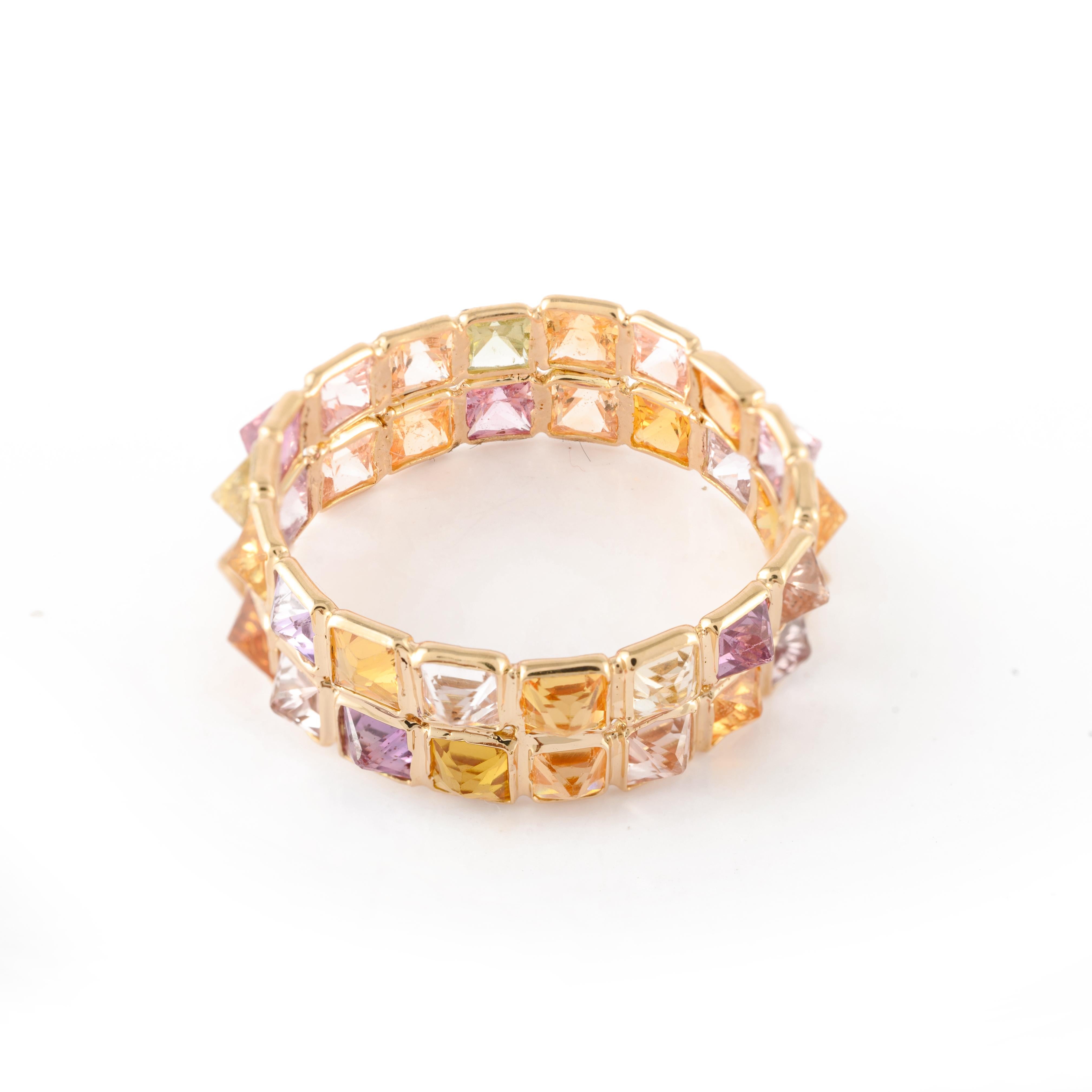 For Sale:  18k Yellow Gold Double Row Cushion Cut Multi Sapphire Eternity Band Ring 6