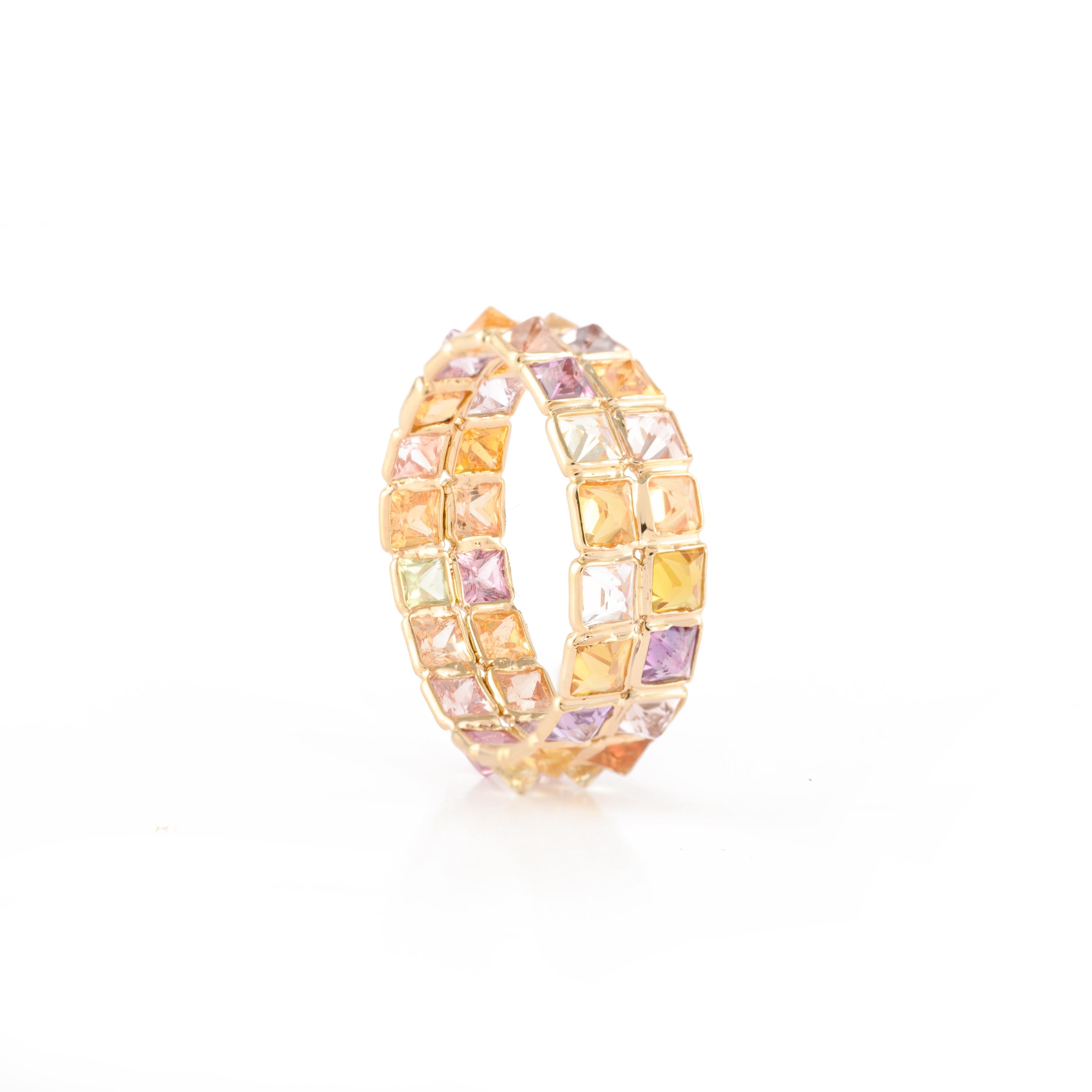 For Sale:  18k Yellow Gold Double Row Cushion Cut Multi Sapphire Eternity Band Ring 8