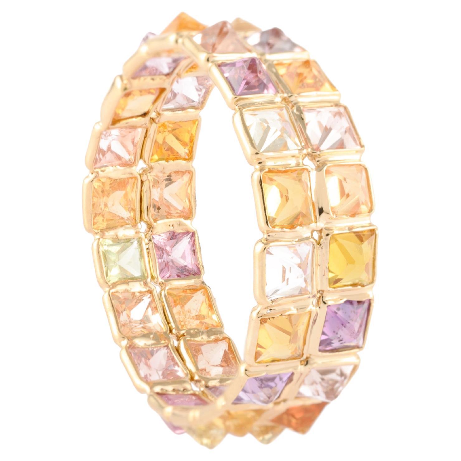 For Sale:  18k Yellow Gold Double Row Cushion Cut Multi Sapphire Eternity Band Ring