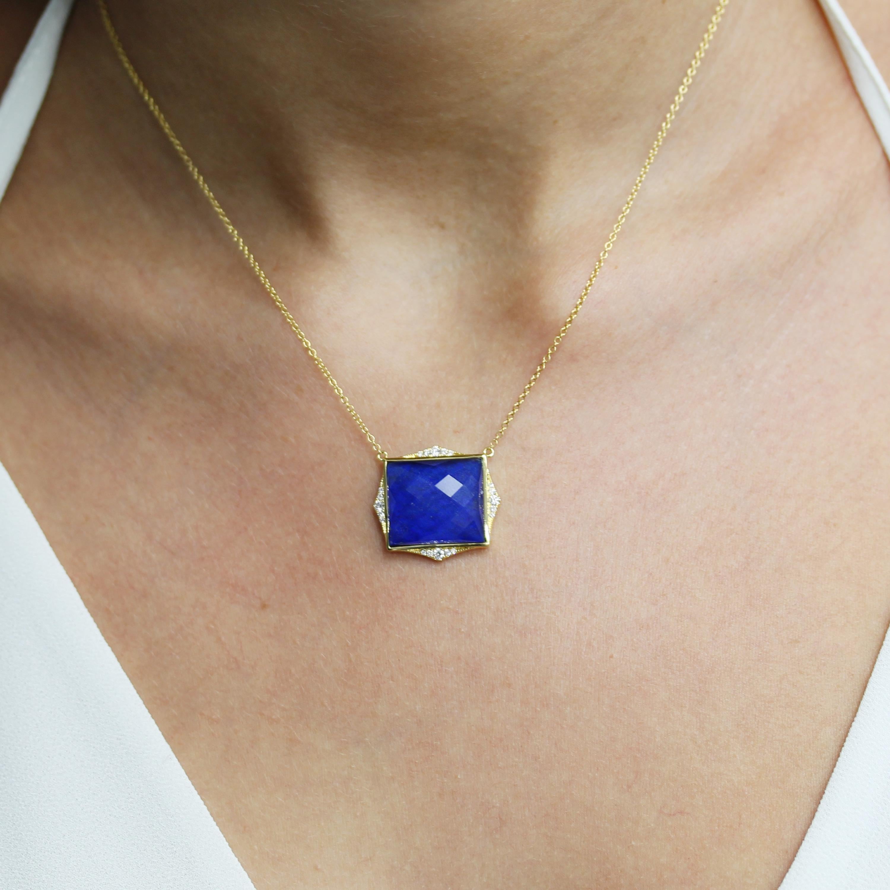 Royal Lapis Necklace featuring cushion-cut, White Quartz layered with Natural Lapis Lazuli, and Diamonds, set in 18K yellow gold. 18K 18