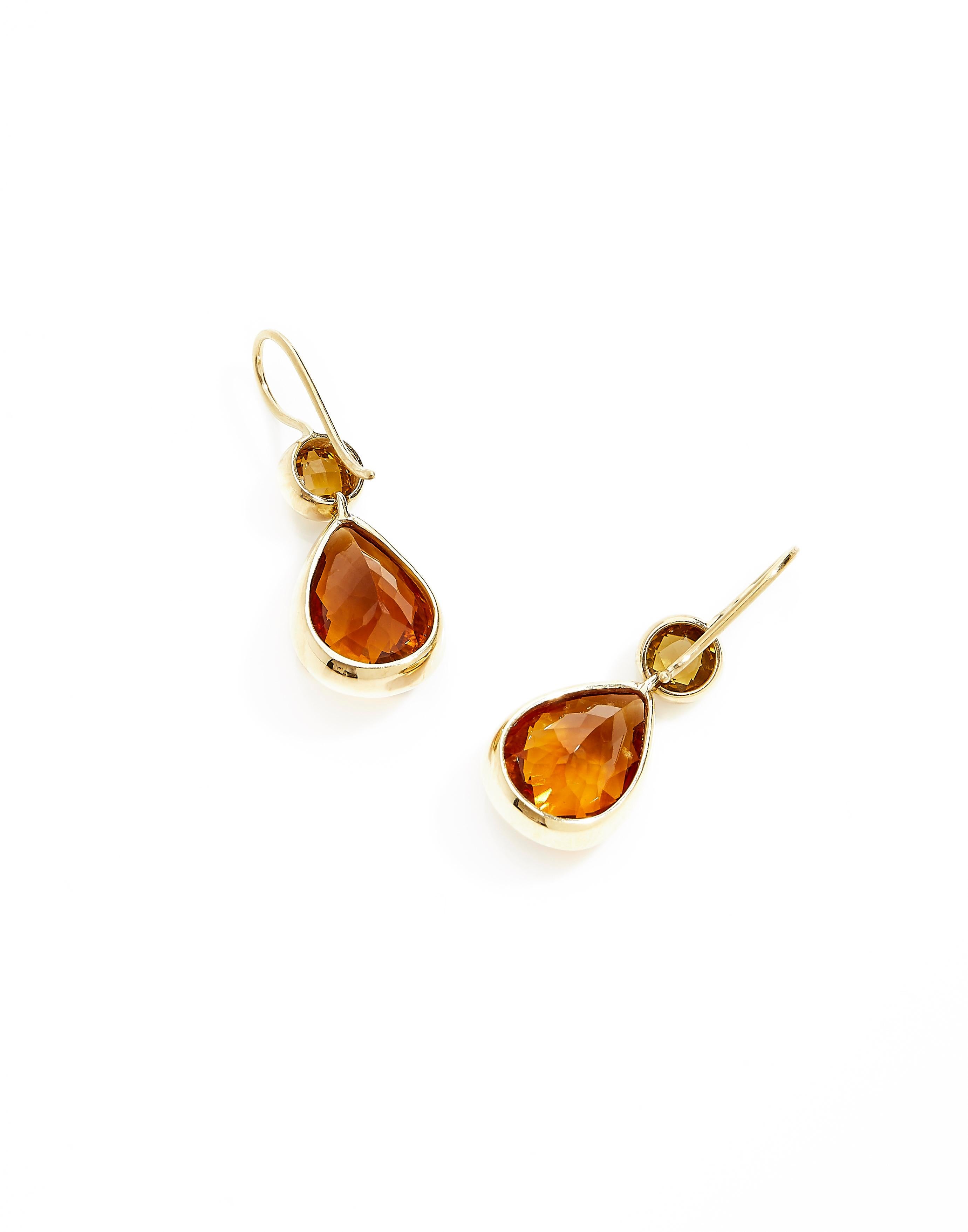 Pear Cut 18 Karat Yellow Gold Drop Earrings Set with 14.89 Carat Citrines and Tourmalines For Sale