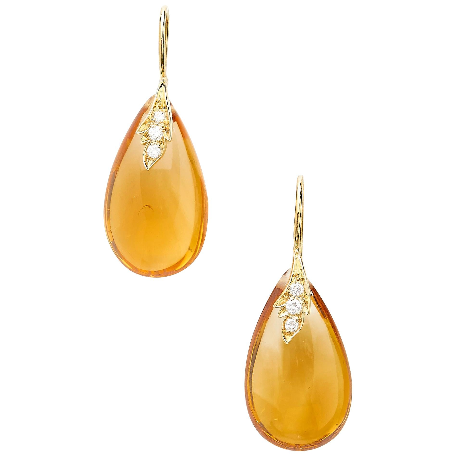 18 Karat Yellow Gold Drop Earrings Set with 30.12 Carat Citrines and Diamonds