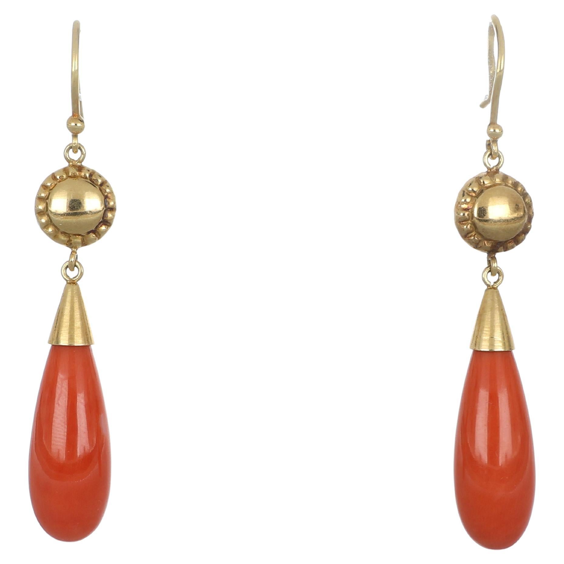 18K Yellow Gold Drop Earrings with Natural Coral by Curnis, Italy