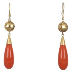 18K Yellow Gold Drop Earrings with Natural Coral by Curnis, Italy