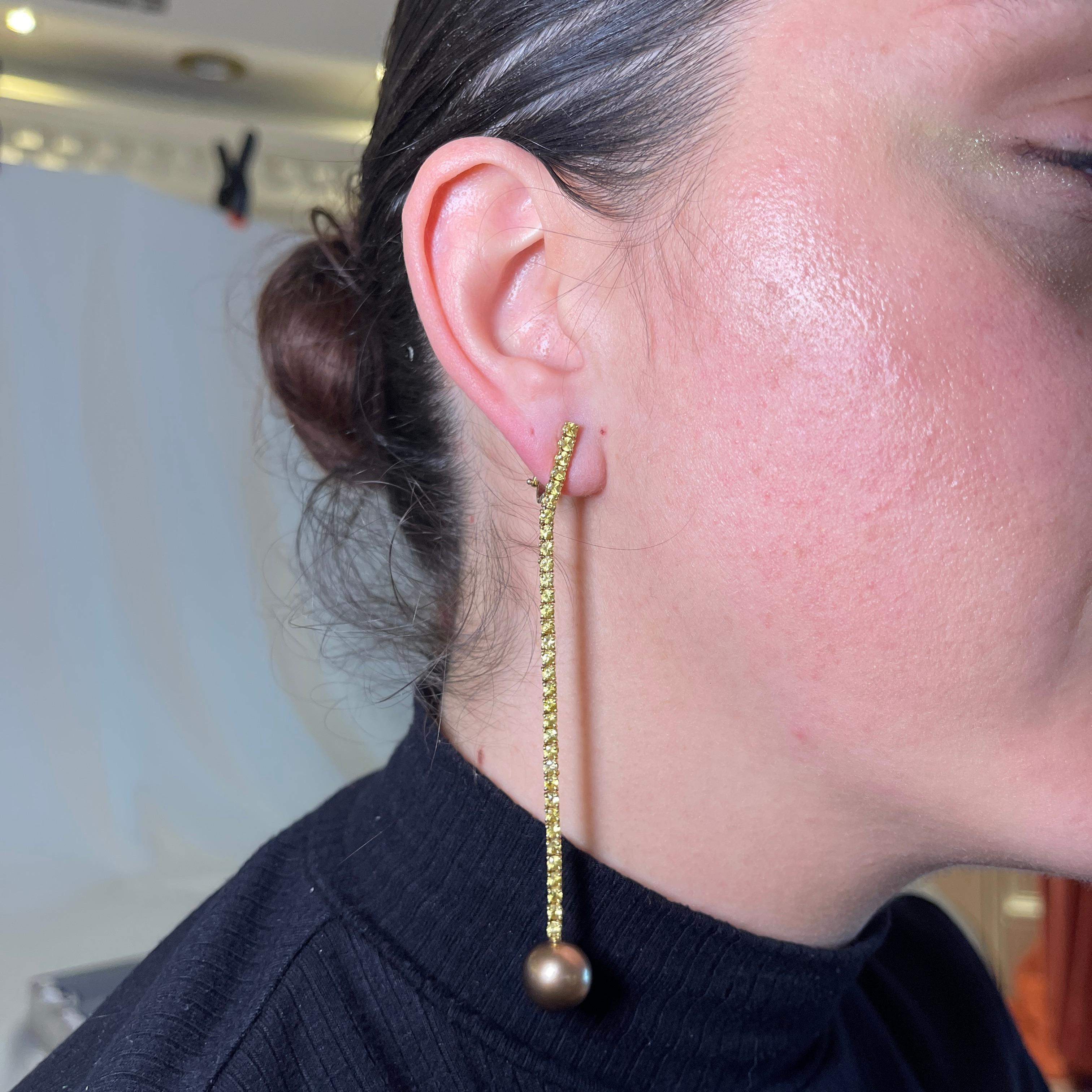 18K Yellow Gold Drop Earrings with Natural Yellow Sapphires and Pearls For Sale 1