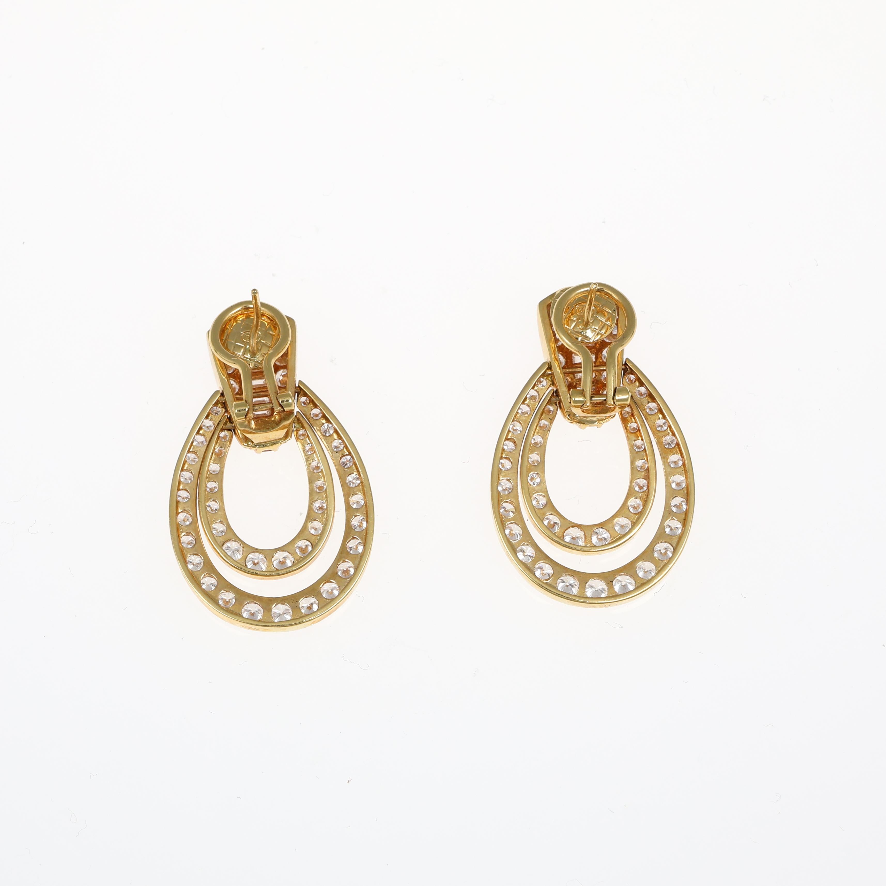Women's or Men's 18K Yellow Gold Drop Earrings with Oval Design and Mixed-Cut Diamonds For Sale