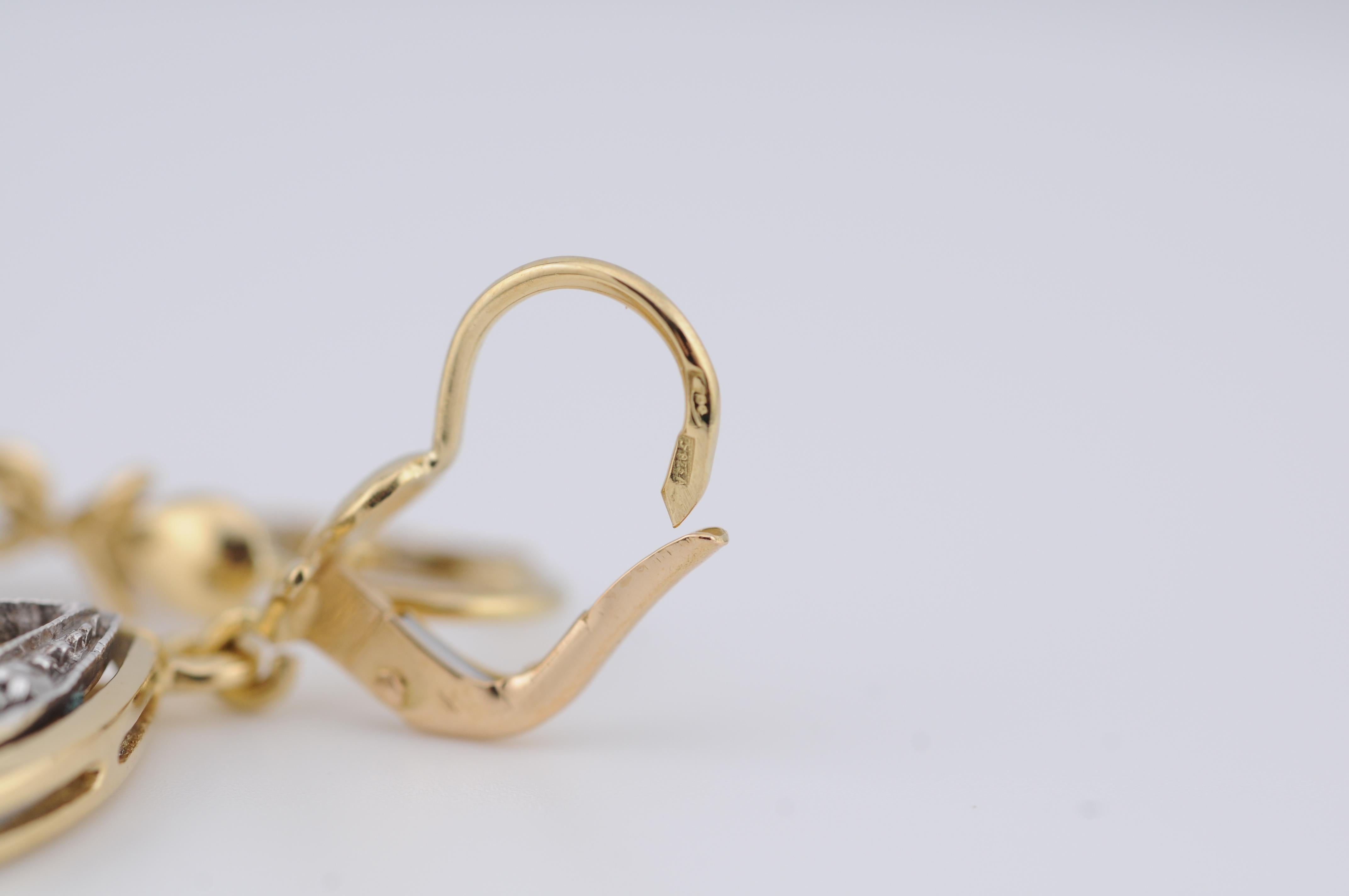 18k Yellow Gold Drop Earrings with Rose-Cut Diamonds and Blue Sapphires For Sale 4