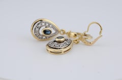 18k Yellow Gold Drop Earrings with Rose-Cut Diamonds and Blue Sapphires