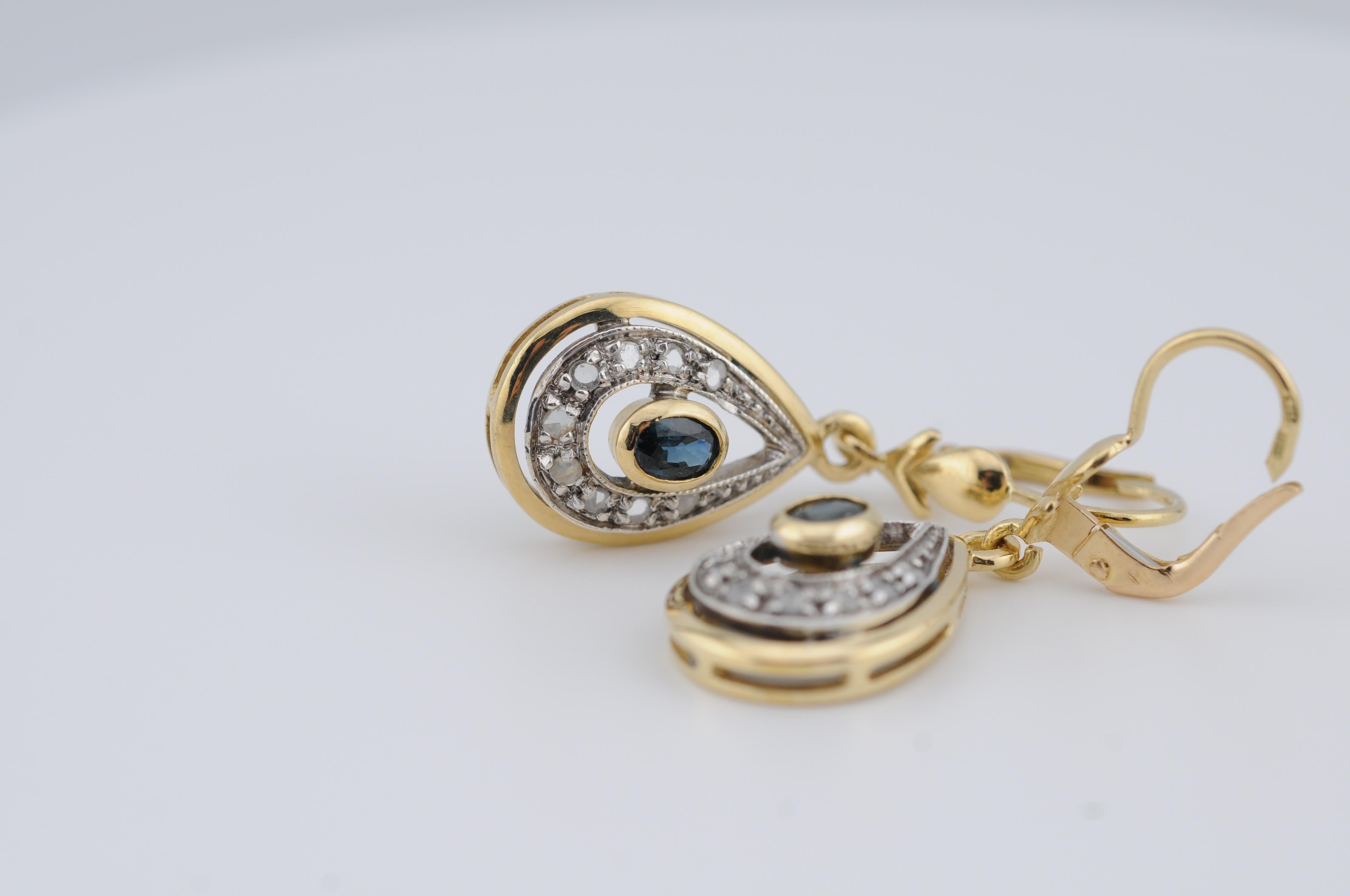 Aesthetic Movement 18k Yellow Gold Drop Earrings with Rose-Cut Diamonds and Blue Sapphires For Sale