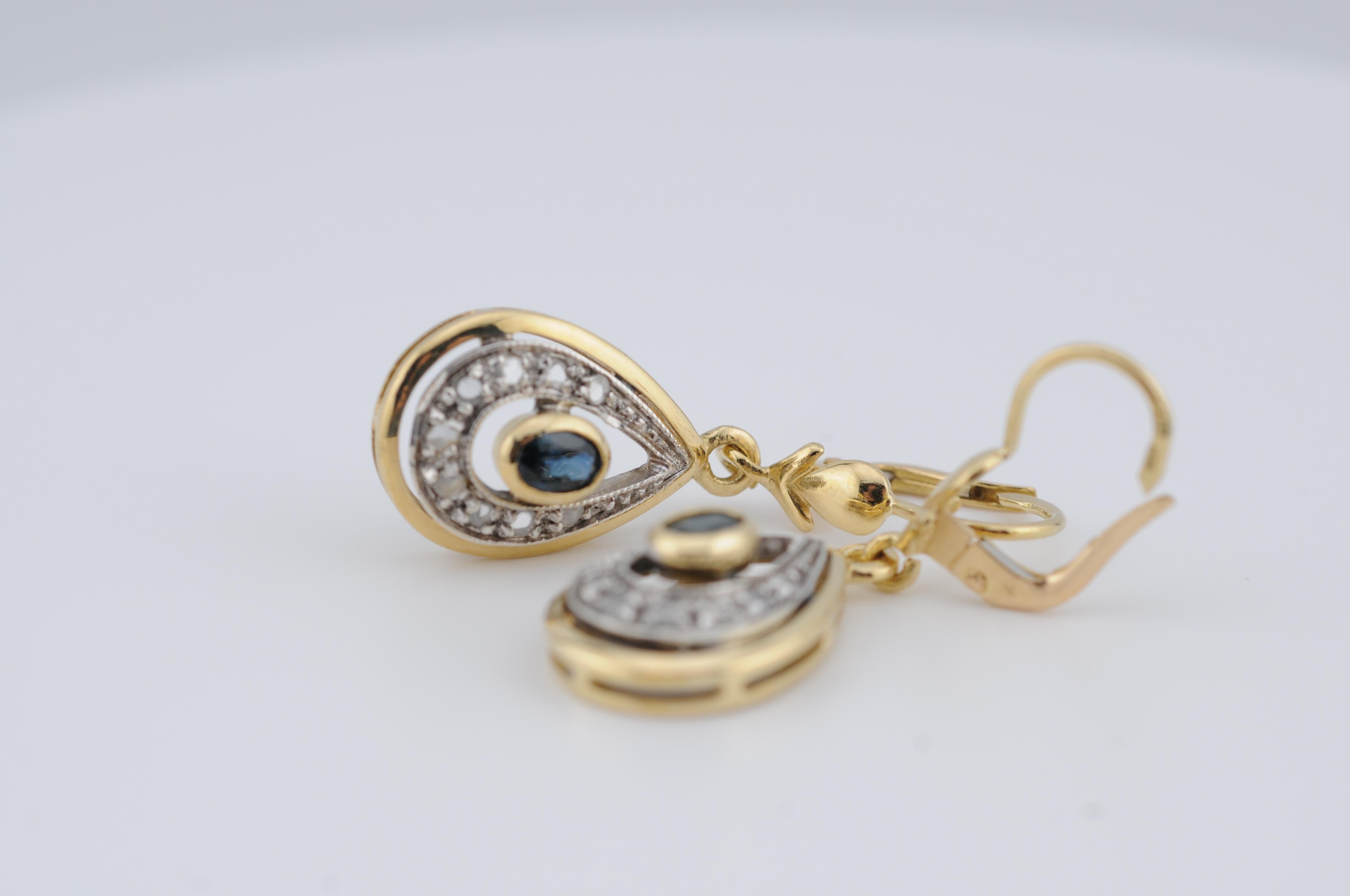 Rose Cut 18k Yellow Gold Drop Earrings with Rose-Cut Diamonds and Blue Sapphires For Sale