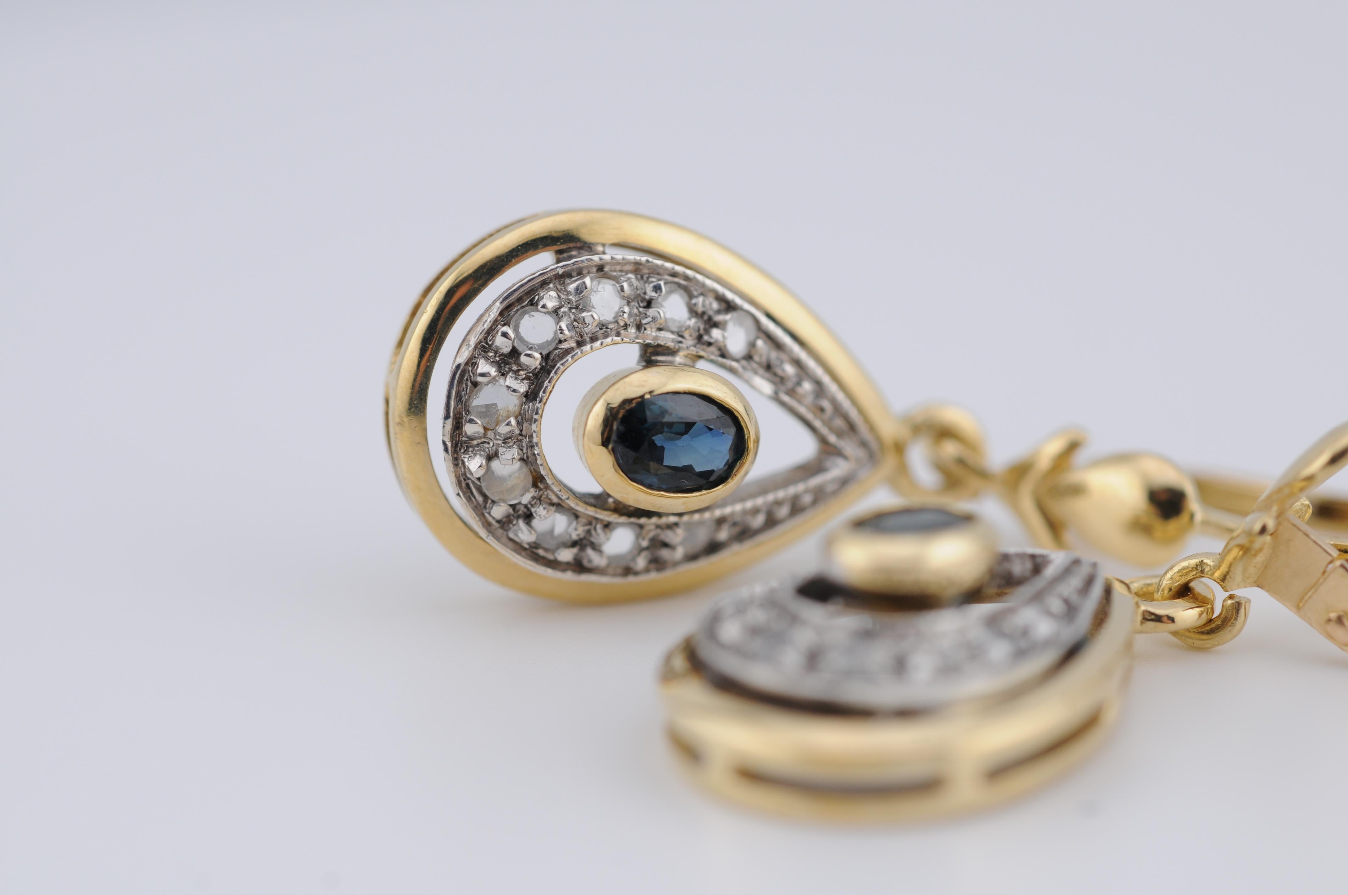 18k Yellow Gold Drop Earrings with Rose-Cut Diamonds and Blue Sapphires In Good Condition For Sale In Berlin, BE
