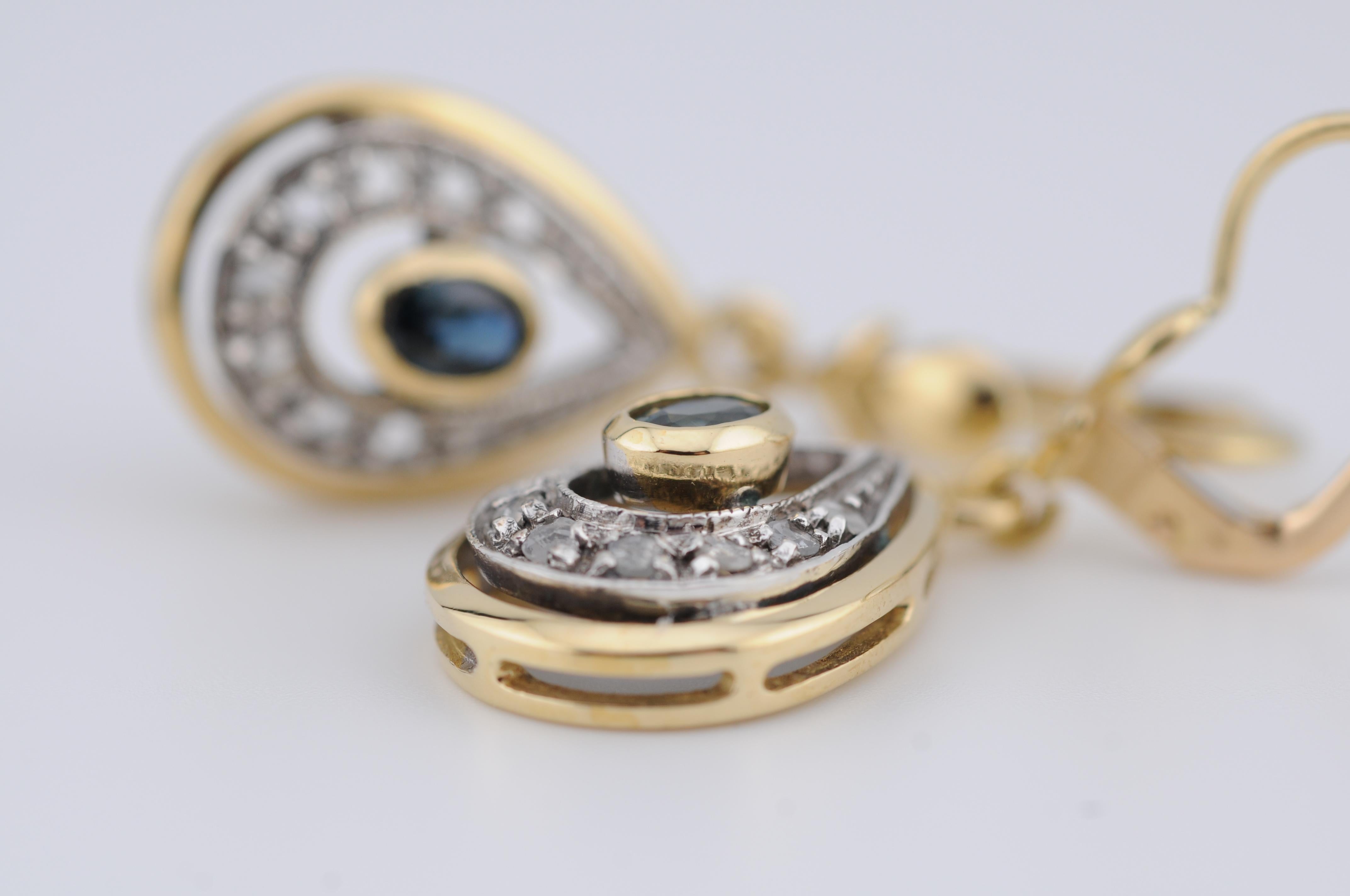 Women's or Men's 18k Yellow Gold Drop Earrings with Rose-Cut Diamonds and Blue Sapphires For Sale