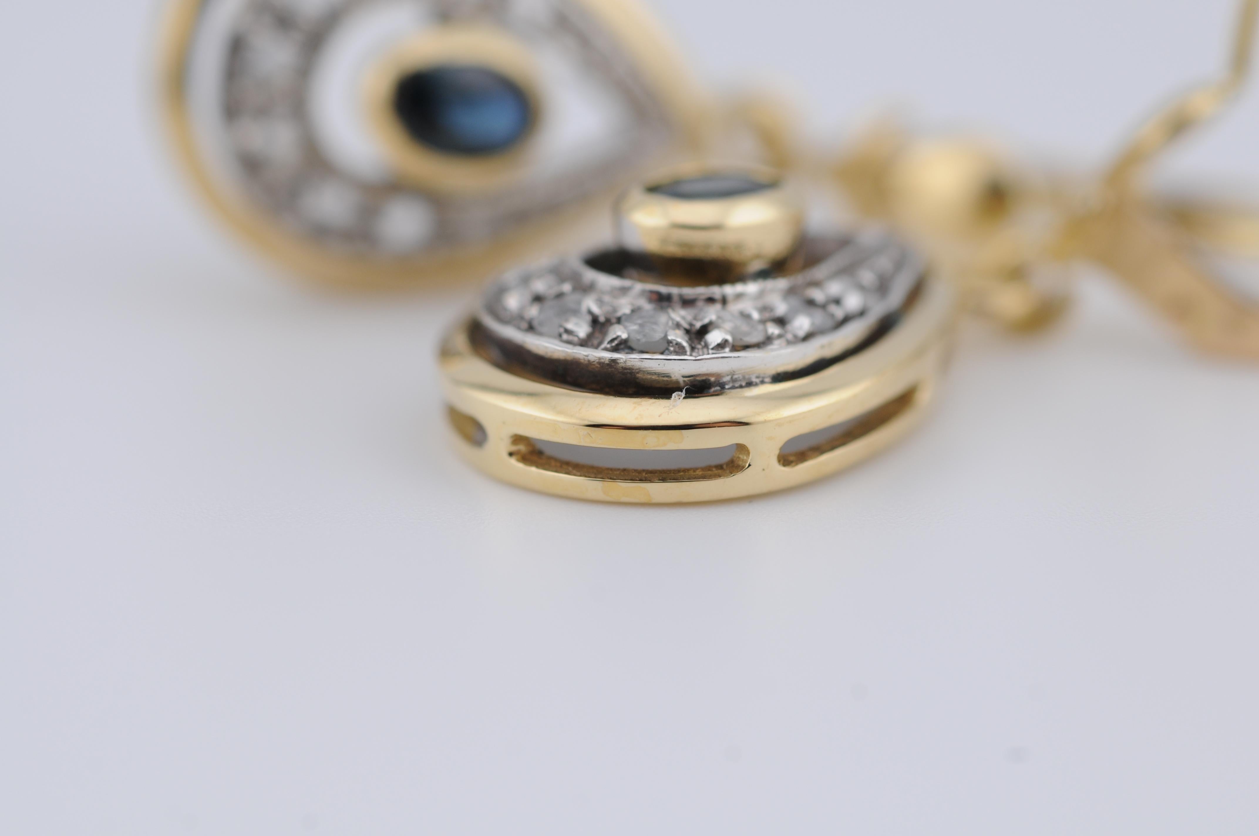 18k Yellow Gold Drop Earrings with Rose-Cut Diamonds and Blue Sapphires For Sale 1