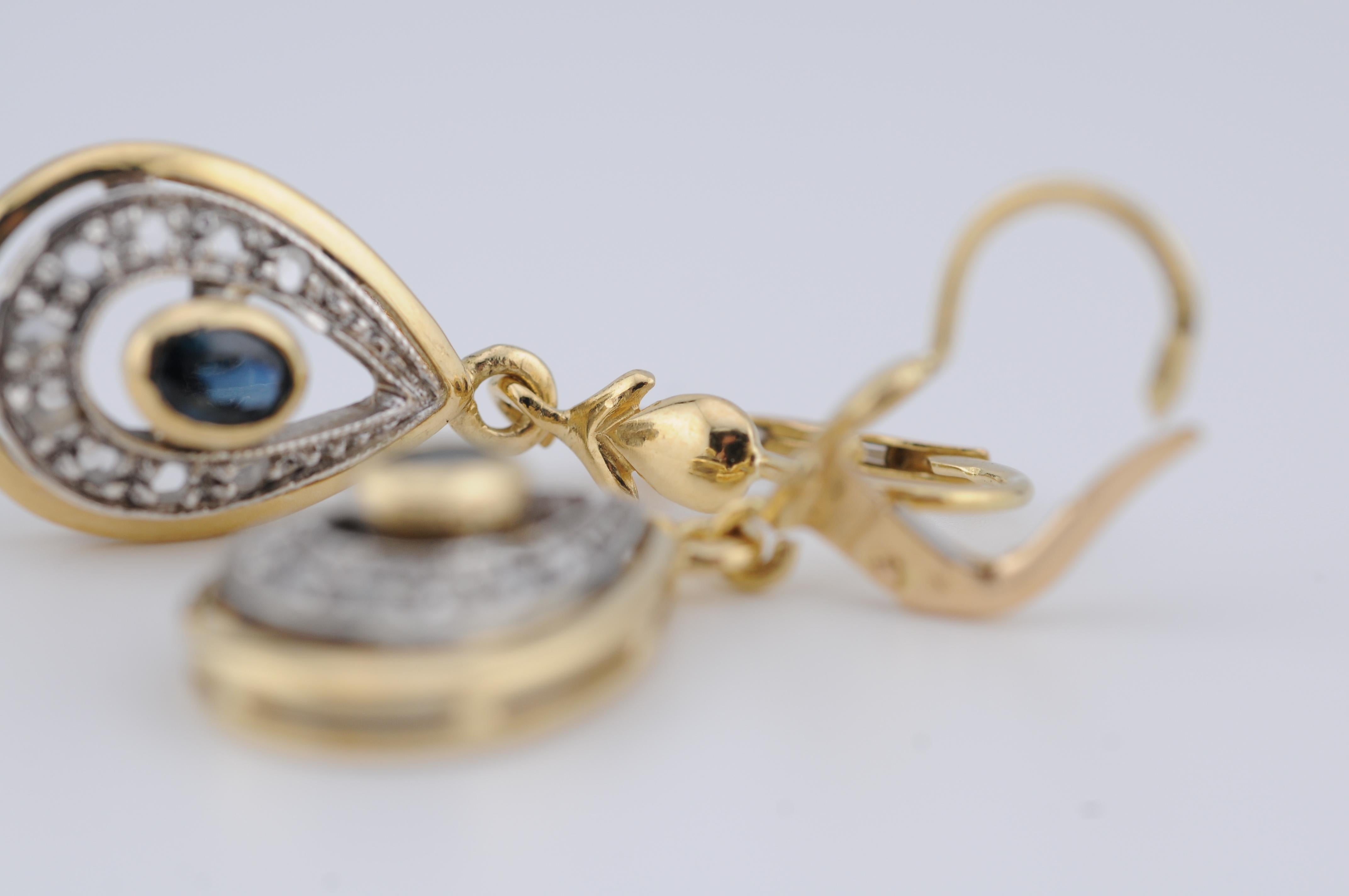 18k Yellow Gold Drop Earrings with Rose-Cut Diamonds and Blue Sapphires For Sale 2