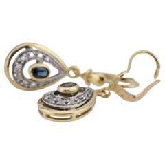 Orecchini pendenti in oro giallo 18k con diamanti taglio rosa e zaffiri blu