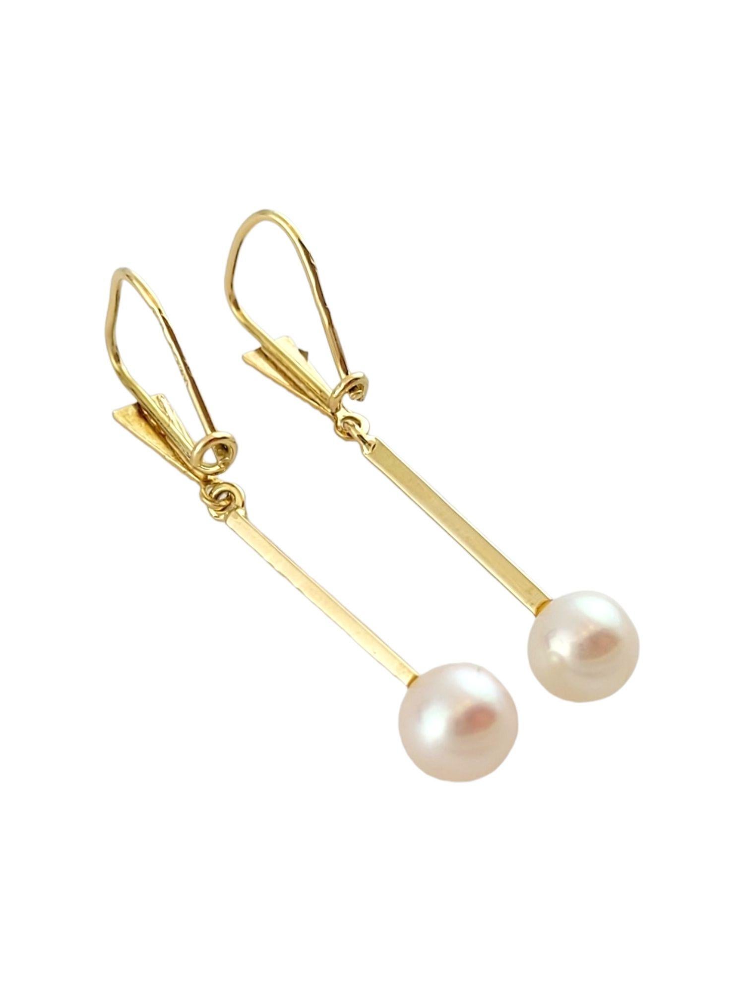 Round Cut 18K Yellow Gold Drop Pearl Earrings #14855