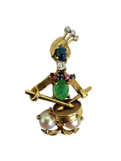 18K Yellow Gold Drummer Brooch with Gemstones and Pearls