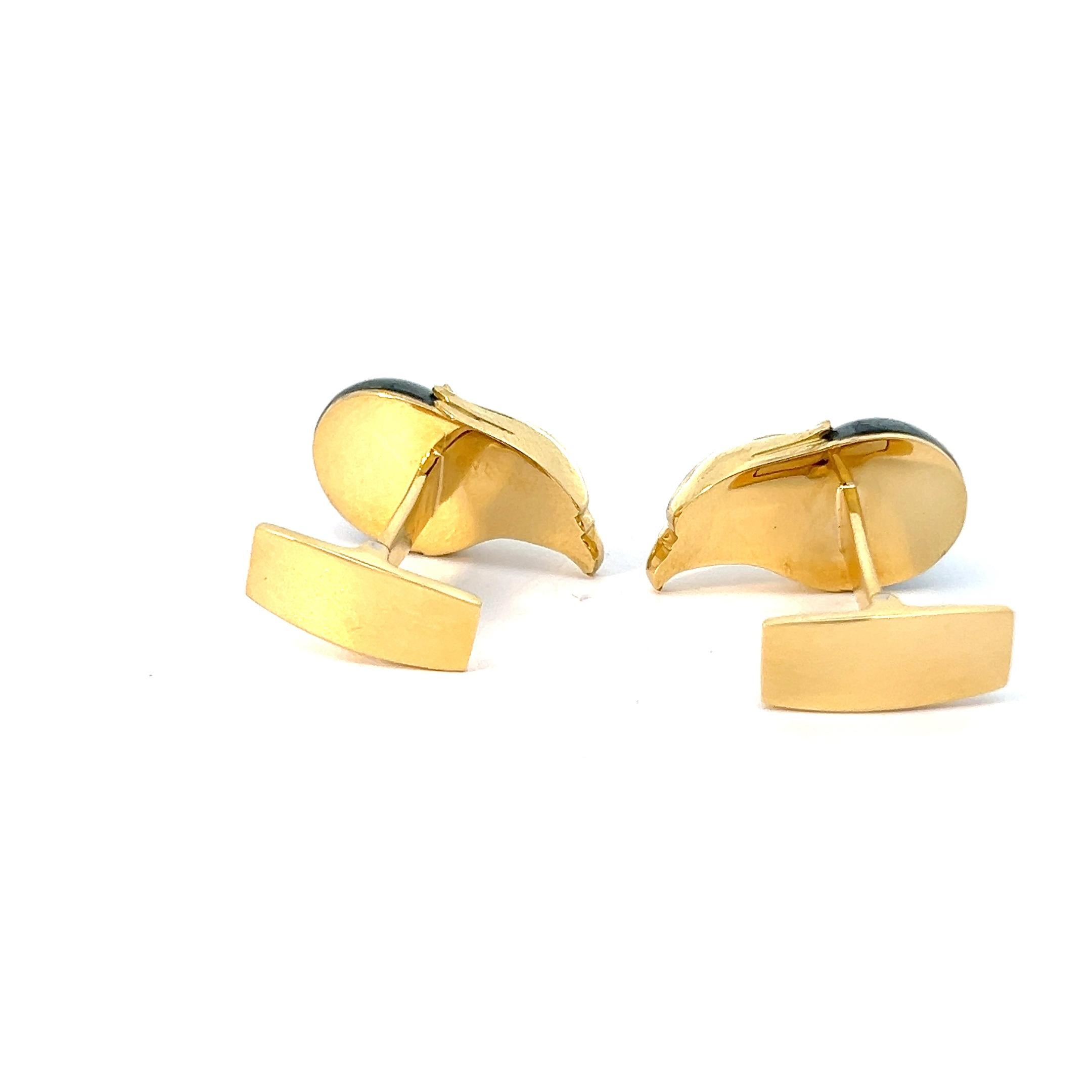 Round Cut 18k Yellow Gold Eagle Cufflinks Hematite Cabochon Emerald Eyes For Sale