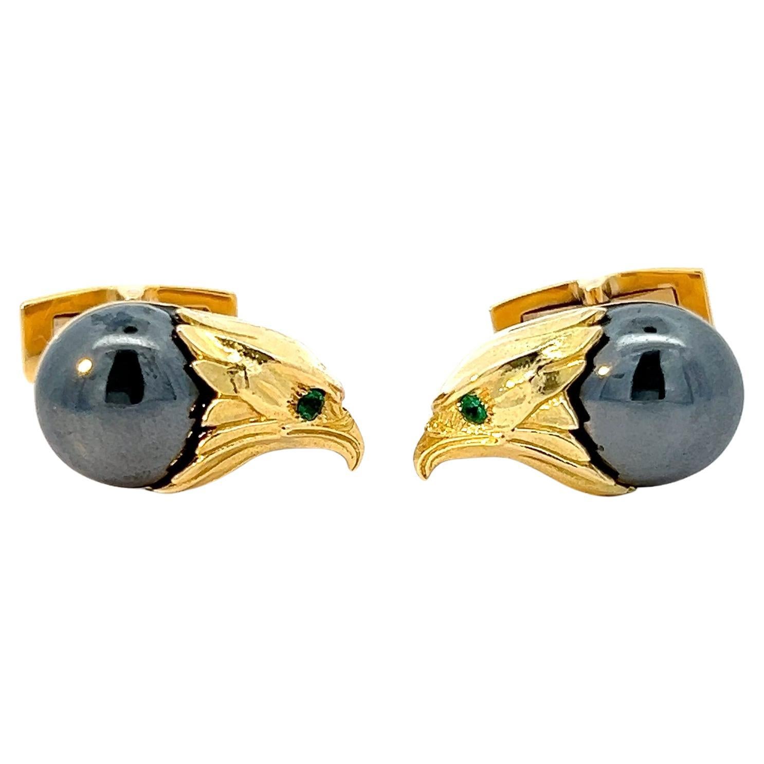 18k Yellow Gold Eagle Cufflinks Hematite Cabochon Emerald Eyes