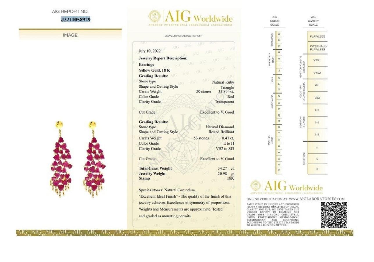 Mixed Cut 18k Yellow Gold Earrings 33.80 ct Natural Rubies and Diamonds AIG Certificate