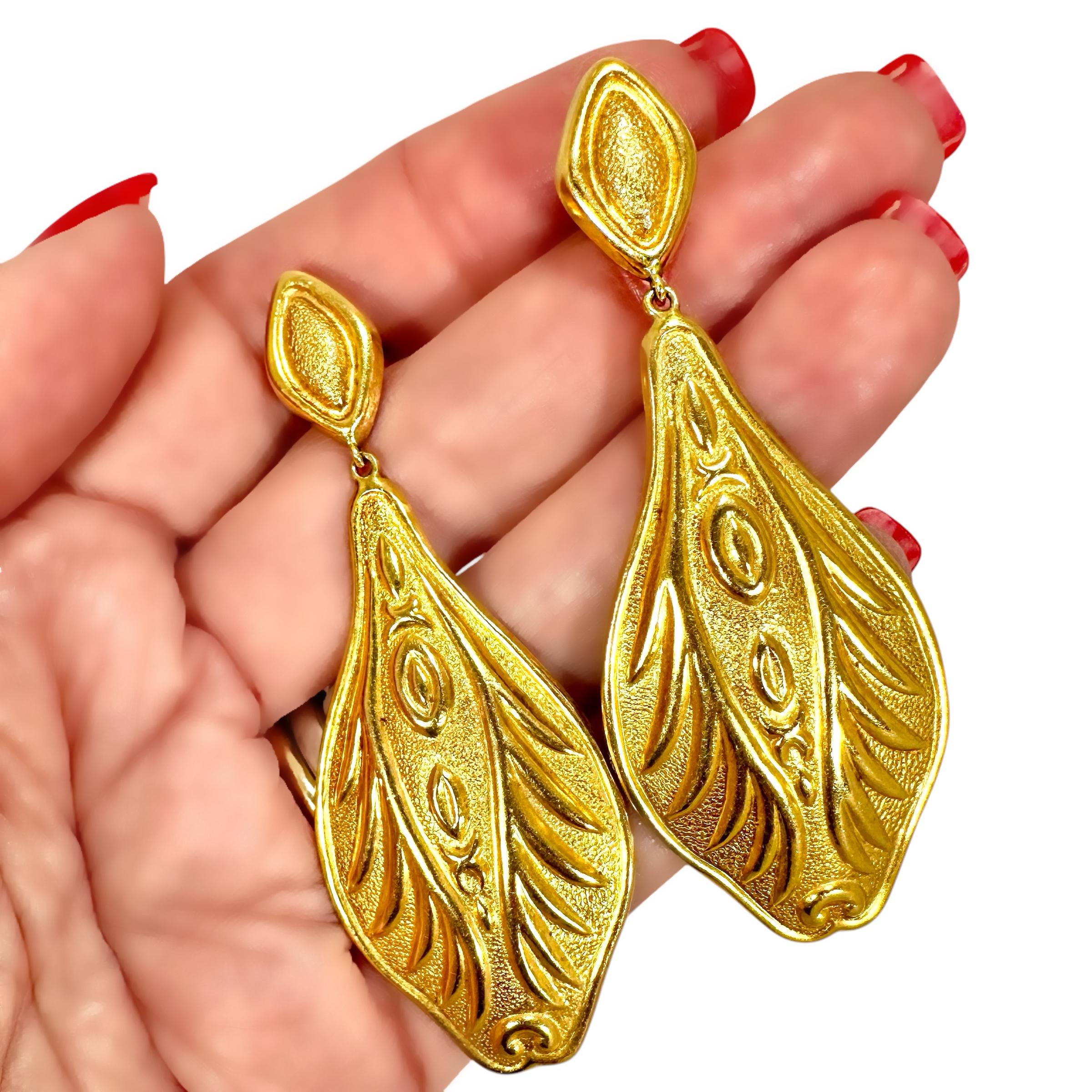 18K Yellow Gold Earrings by Greek Designer Lalaounis 2 3/4 Inches Long For Sale 2