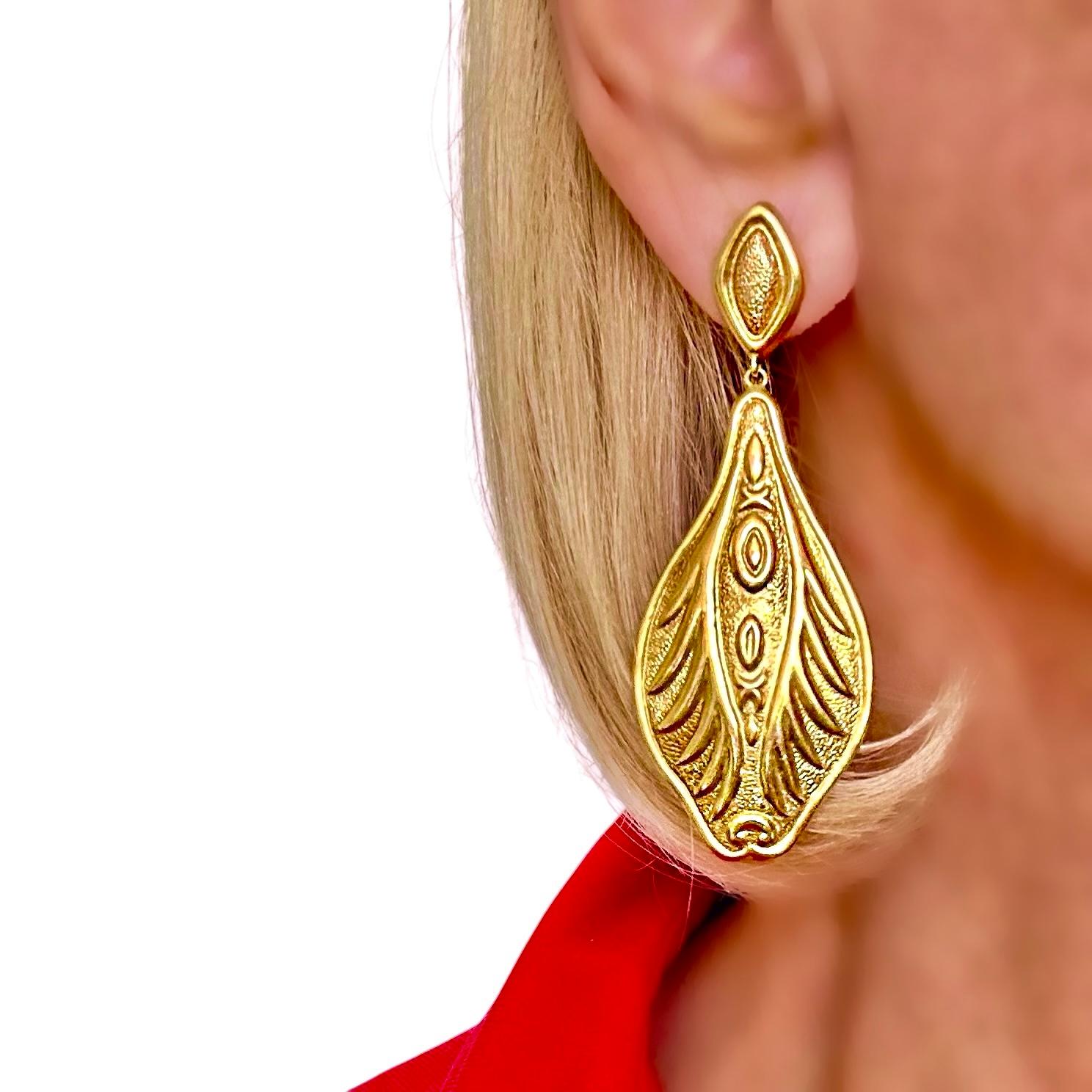 18K Yellow Gold Earrings by Greek Designer Lalaounis 2 3/4 Inches Long For Sale 3