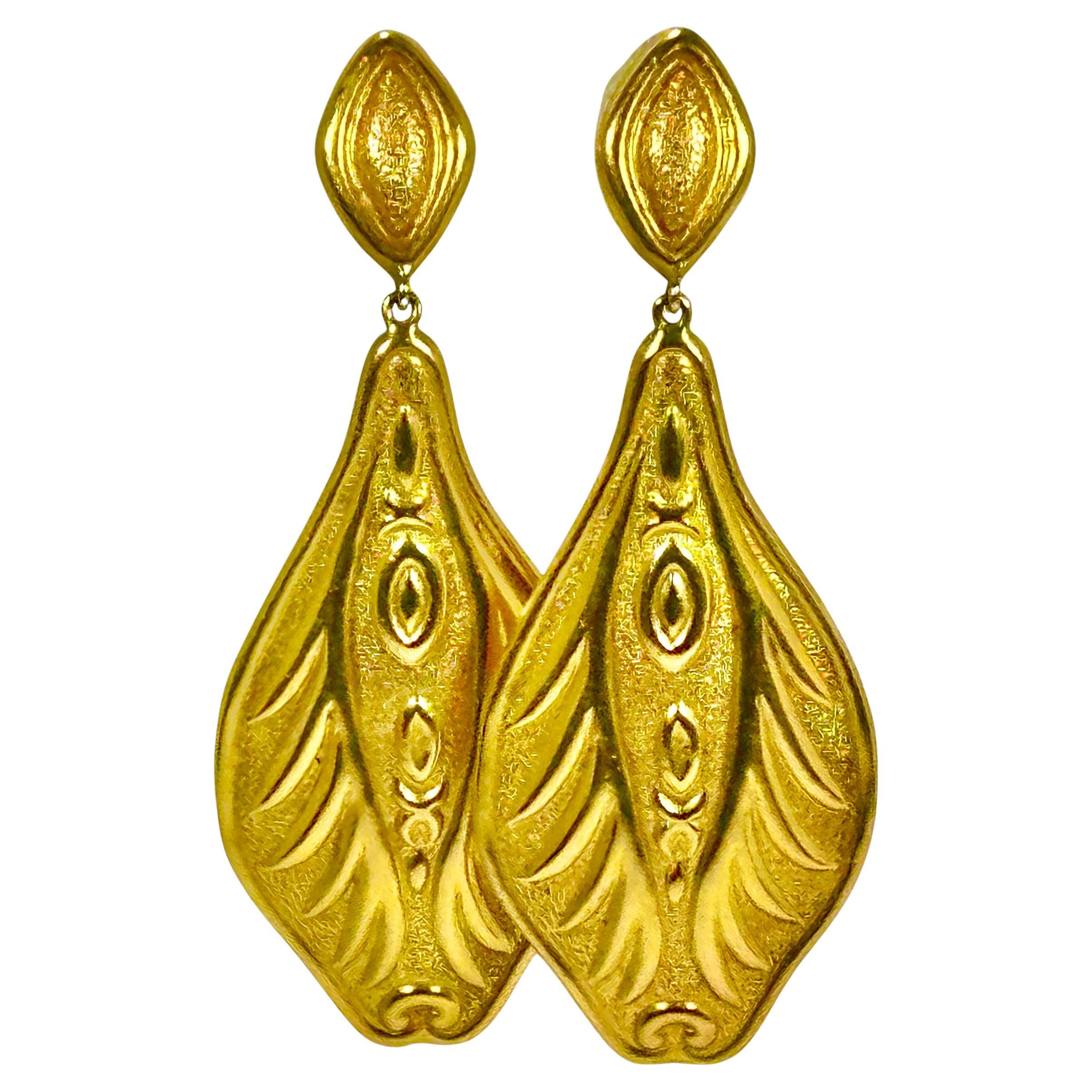 18K Yellow Gold Earrings by Greek Designer Lalaounis 2 3/4 Inches Long