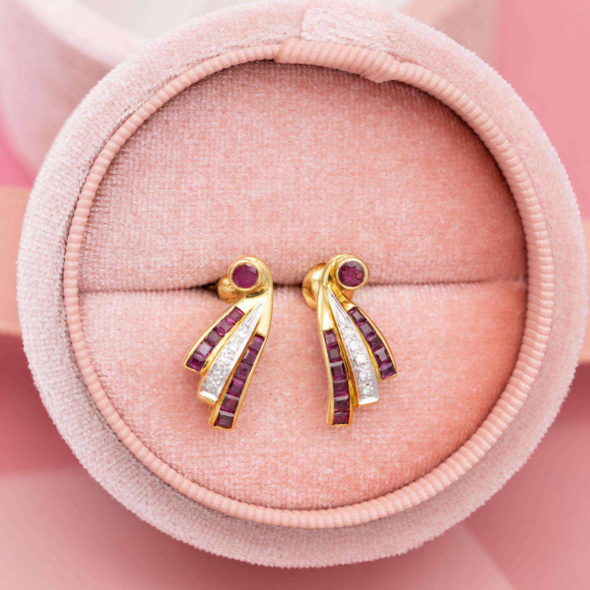Modern 18K yellow gold earrings - estate ruby & diamond studs - Romantic gift  For Sale