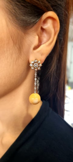 18K Yellow Gold Earrings Marquise Diamond and Round Natural Pearl