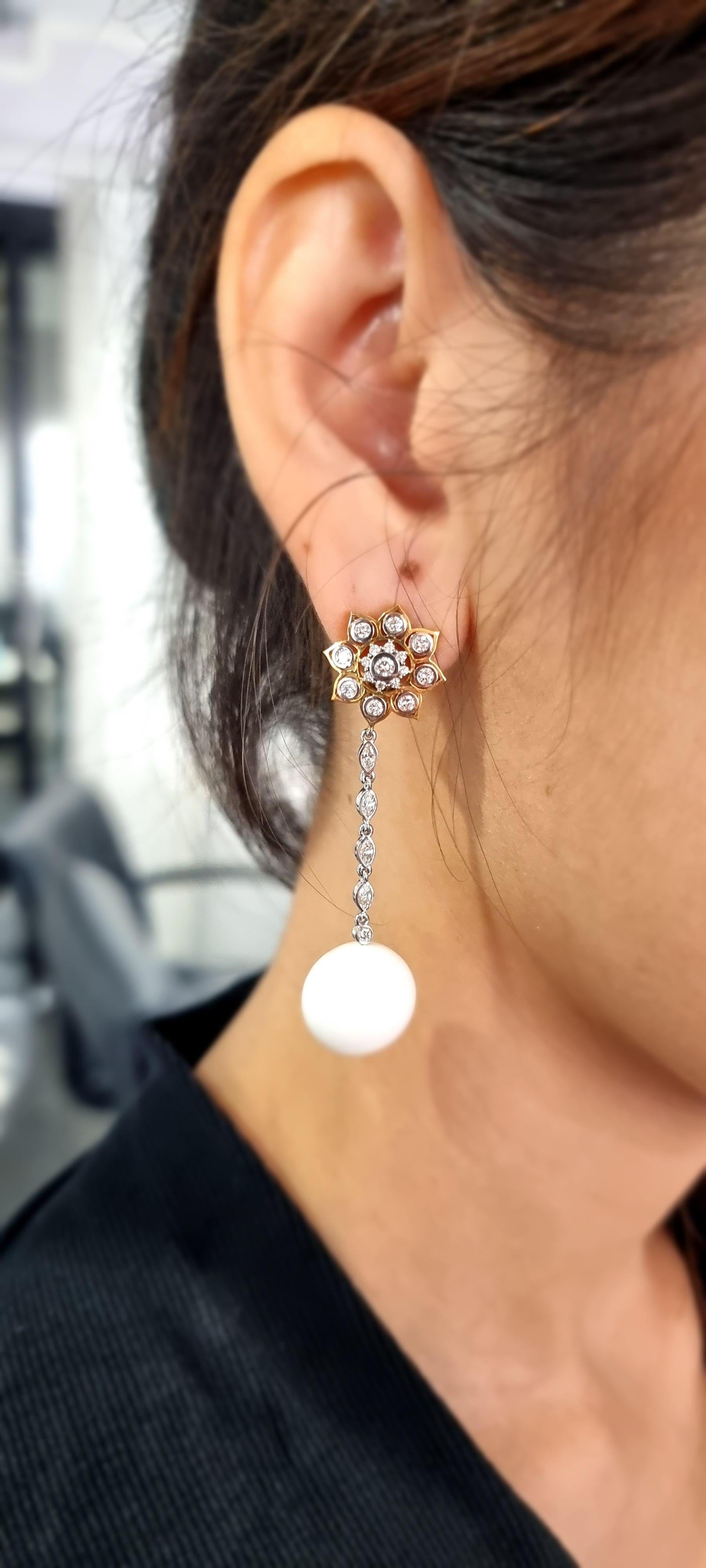 Taille Marquise Boucles d'oreilles en or jaune 18 carats Diamant marquise et perle ronde naturelle en vente