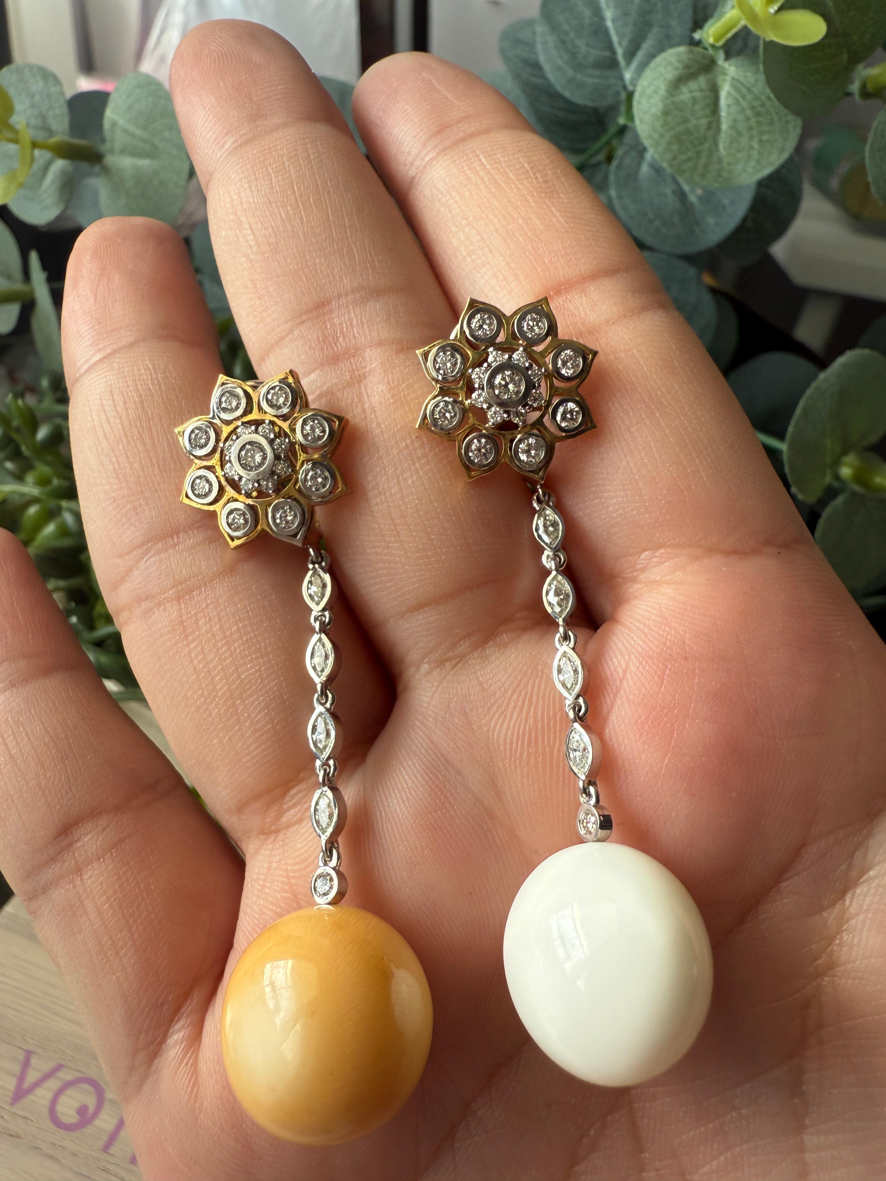 Boucles d'oreilles en or jaune 18 carats Diamant marquise et perle ronde naturelle Pour femmes en vente