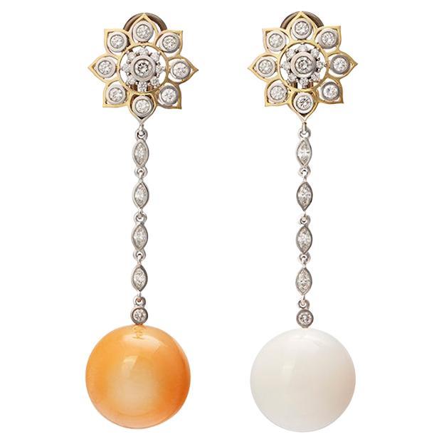 18K Gelbgold Ohrringe Marquise Diamant und Runde Naturperle