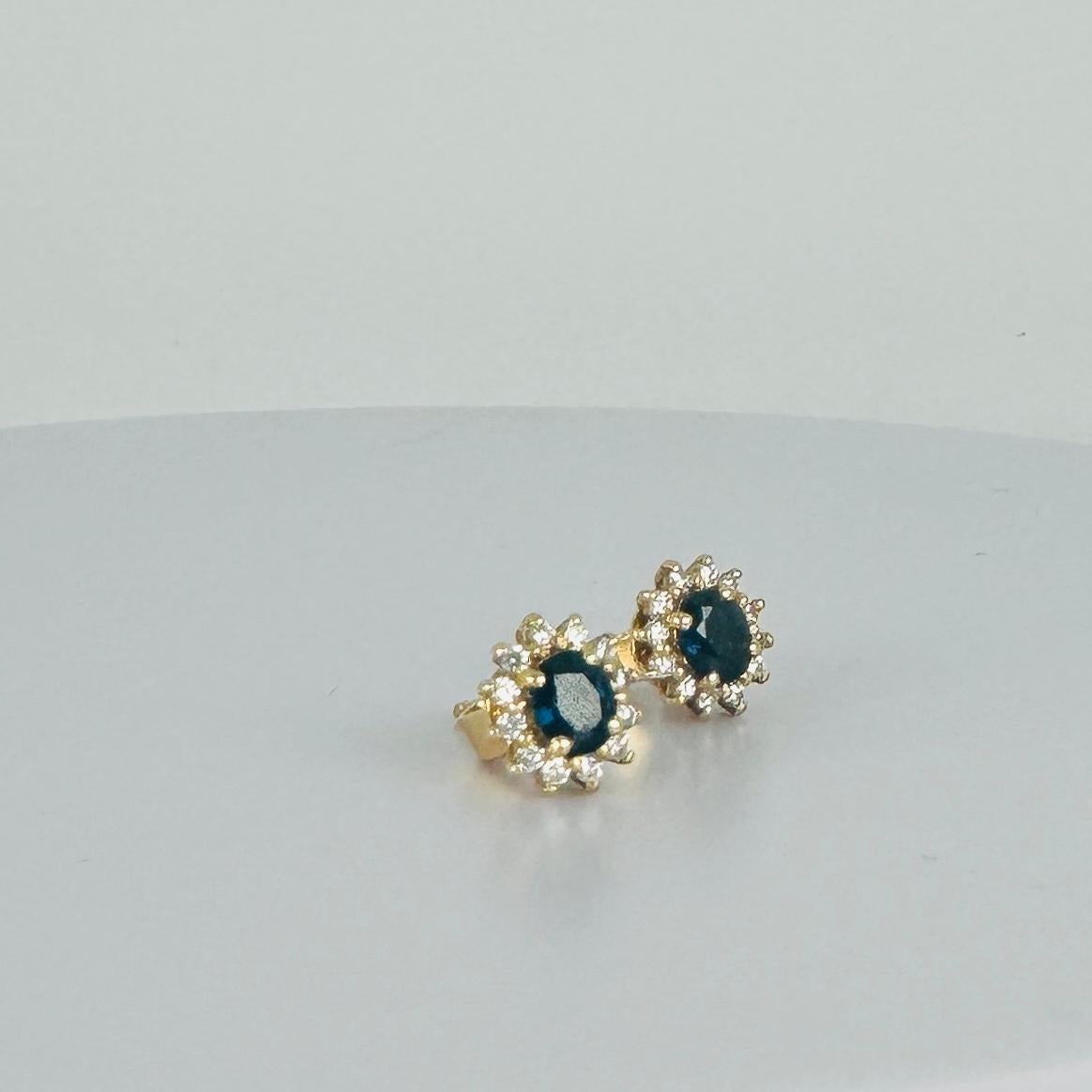 18k yellow gold earrings with 12 brilliant cut diamonds and oval blue sapphire For Sale 6