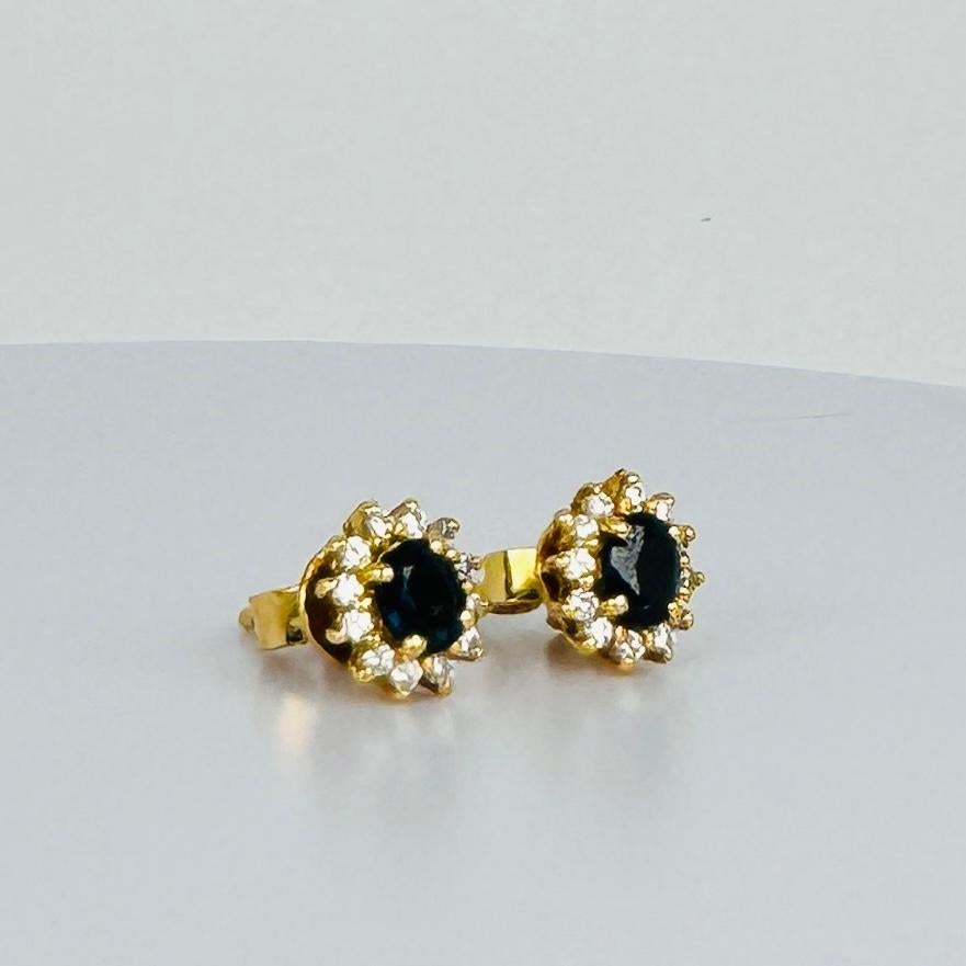 18k yellow gold earrings with 12 brilliant cut diamonds and oval blue sapphire For Sale 2