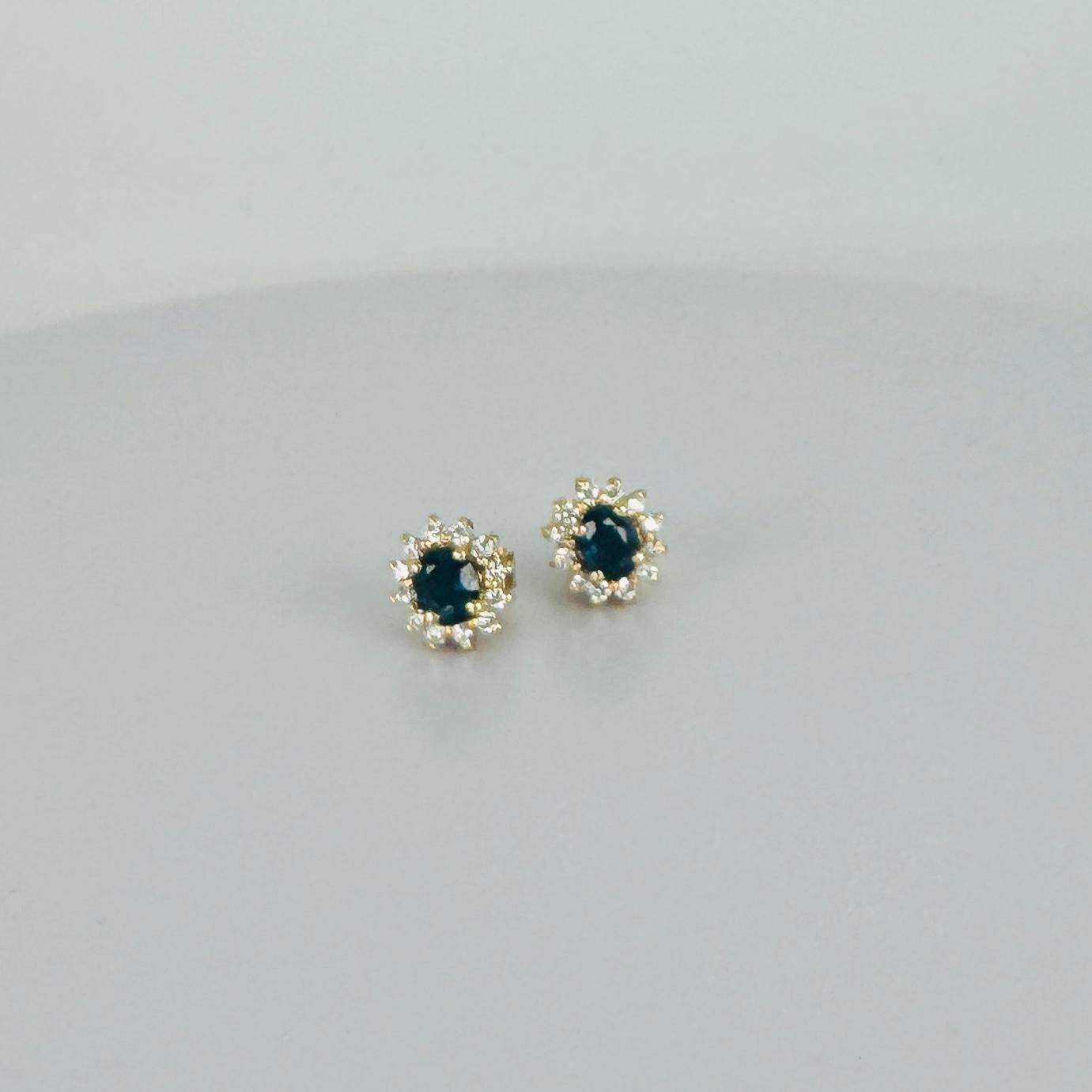 18k yellow gold earrings with 12 brilliant cut diamonds and oval blue sapphire For Sale 3