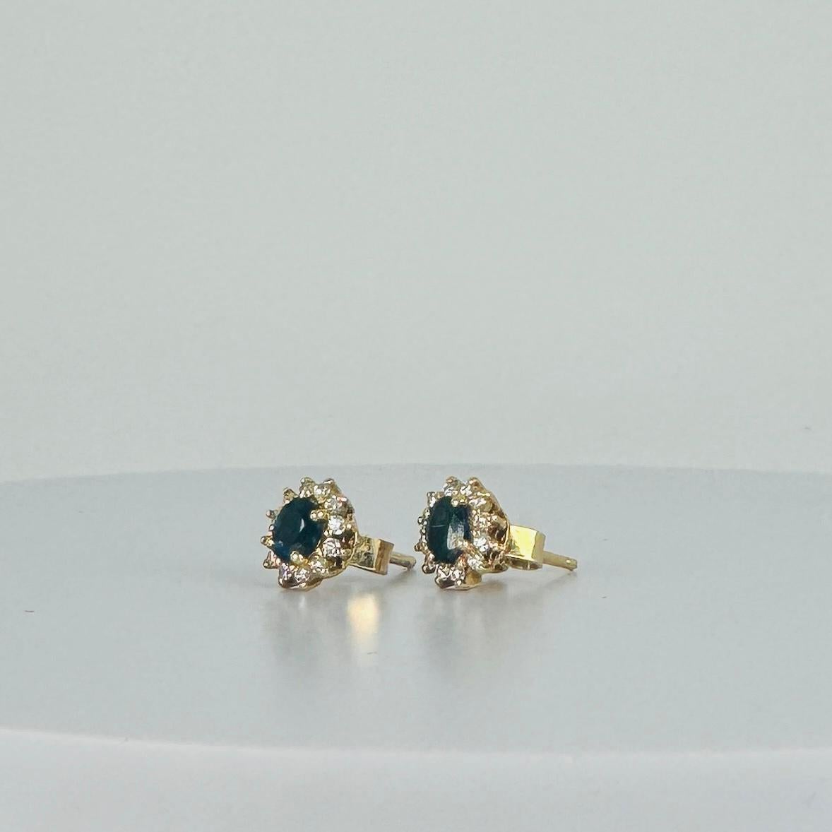 18k yellow gold earrings with 12 brilliant cut diamonds and oval blue sapphire For Sale 5