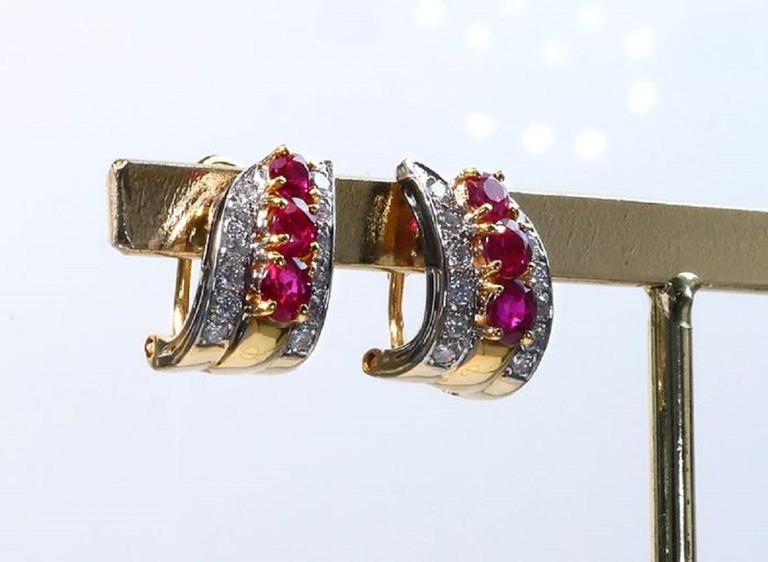 Mixed Cut 18k Yellow Gold Earrings with 1.90 Ct Natural Ruby and Diamonds, IGI Cert For Sale