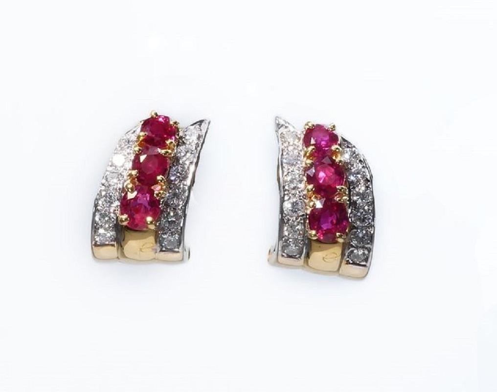18k Yellow Gold Earrings with 1.90 Ct Natural Ruby and Diamonds, IGI Cert For Sale 1