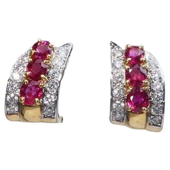 18k Yellow Gold Earrings with 1.90 Ct Natural Ruby and Diamonds, IGI Cert