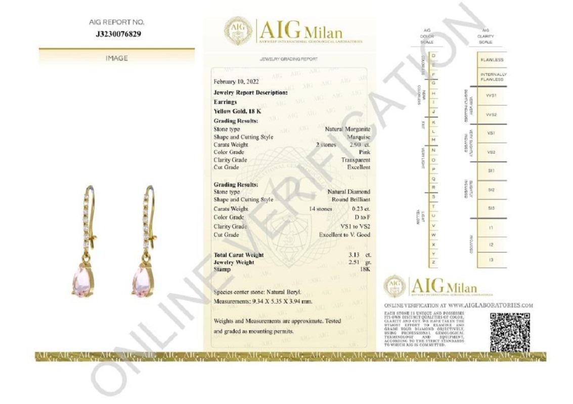 Schönes Paar von Morganiten Edelsteine mit schönen Aprikose Farbe mit 0,23 Karat ideal geschliffenen runden Brillanten.
Die Ohrringe sind aus 18k Gelbgold 3,13 Karat Gesamtgewicht Edelsteine und Diamanten gemacht
mit AIG-Zertifikat.

-2