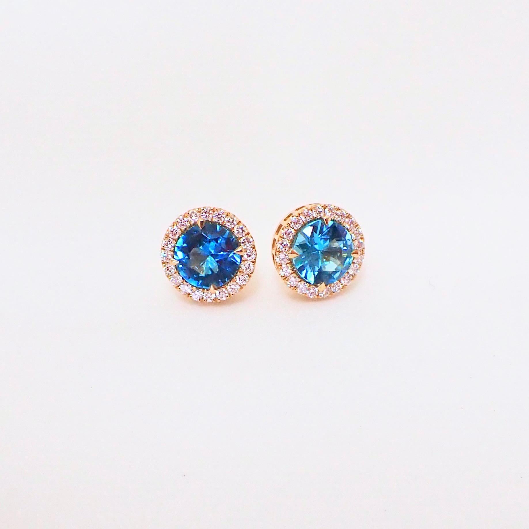 18k Yellow Gold Earrings with 7mm Blue Topaz and 0.42 carats of Diamond
