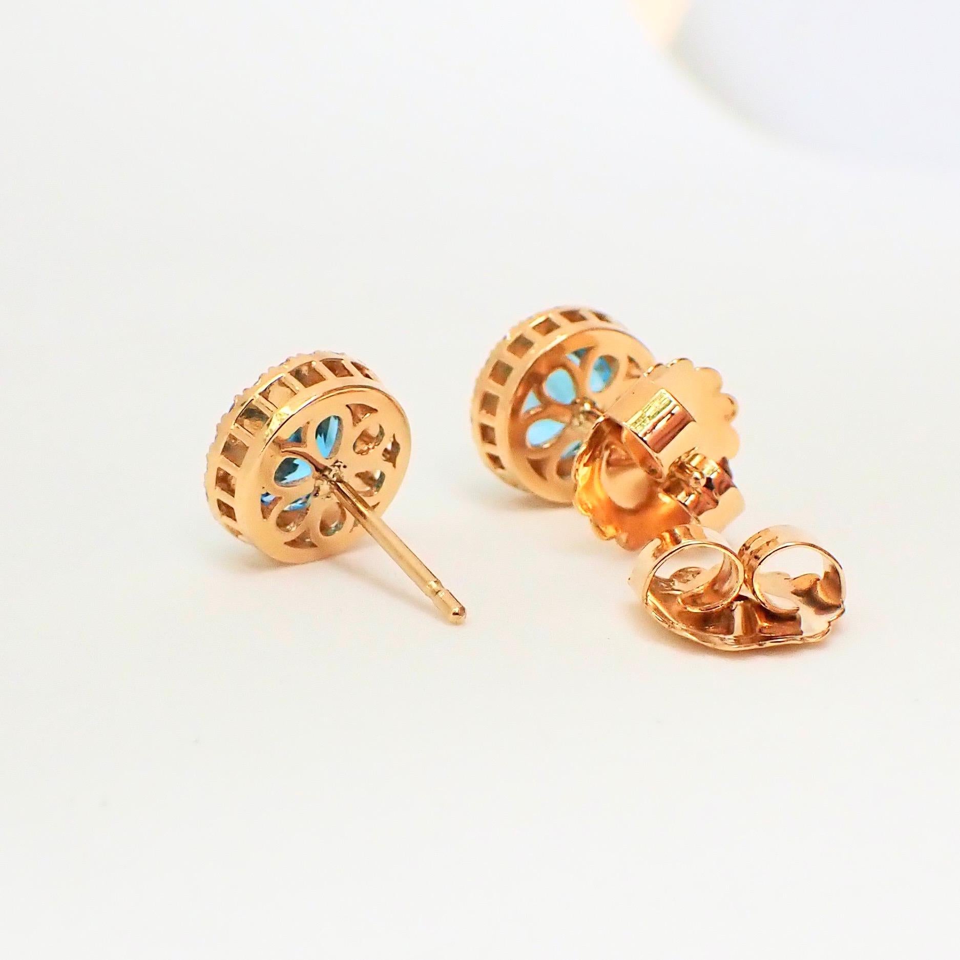 18k Yellow Gold Earrings with Blue Topaz and 0.42 Carats of Diamond In New Condition For Sale In Coral Gables, FL